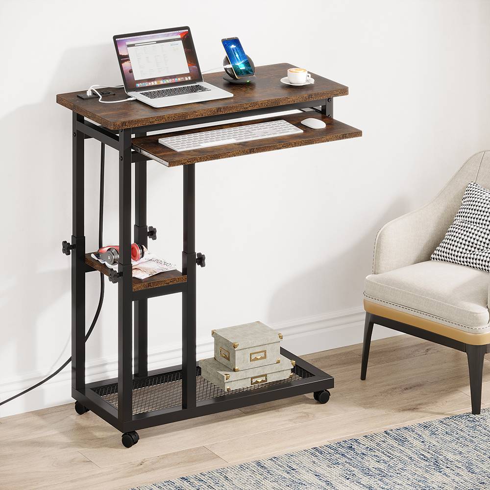 Mobile C Table, Portable Desk Side Table with Power Outlet