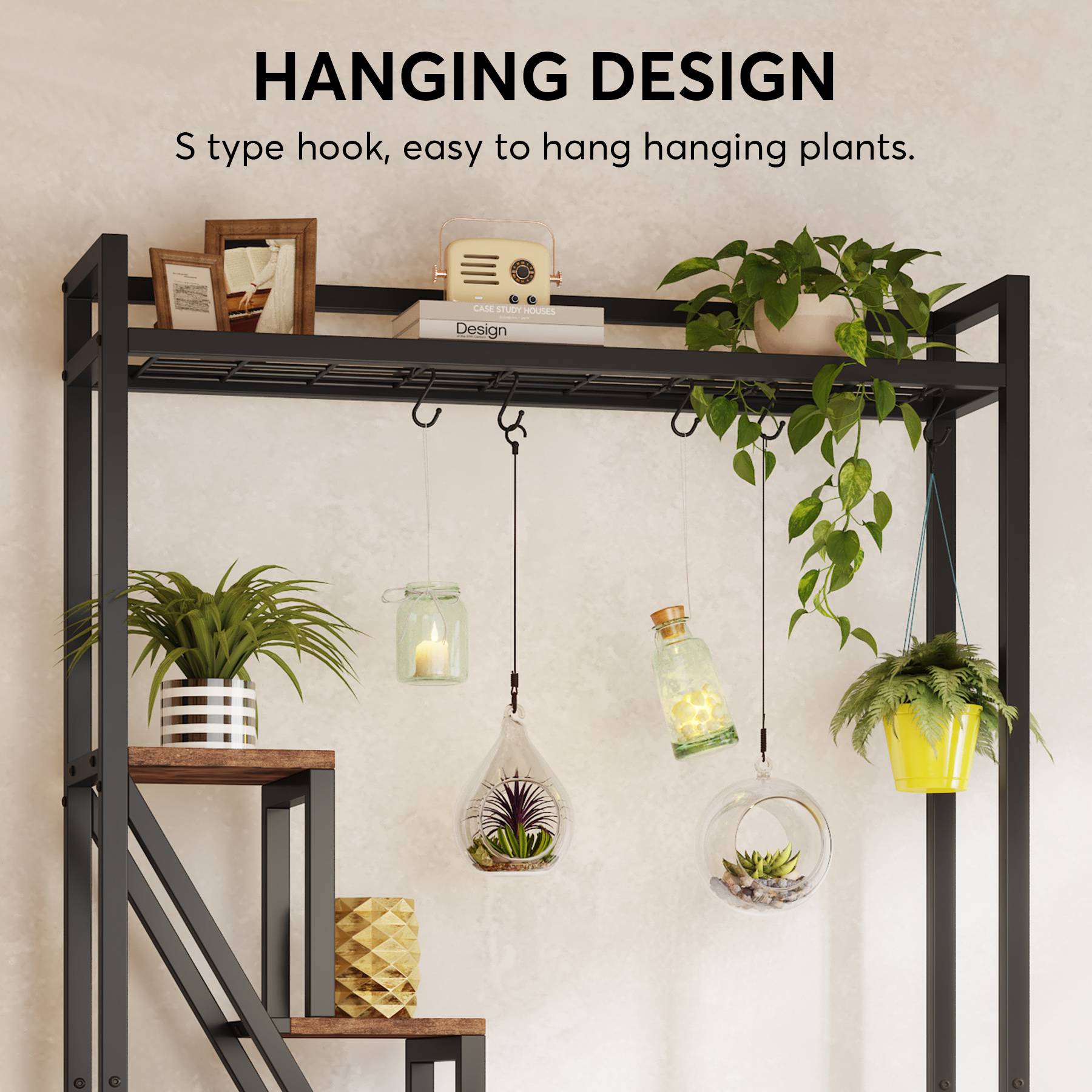 7-Tier Plant Stand, 180 cm Tall Flower Plant Shelf with 5 S-Hooks