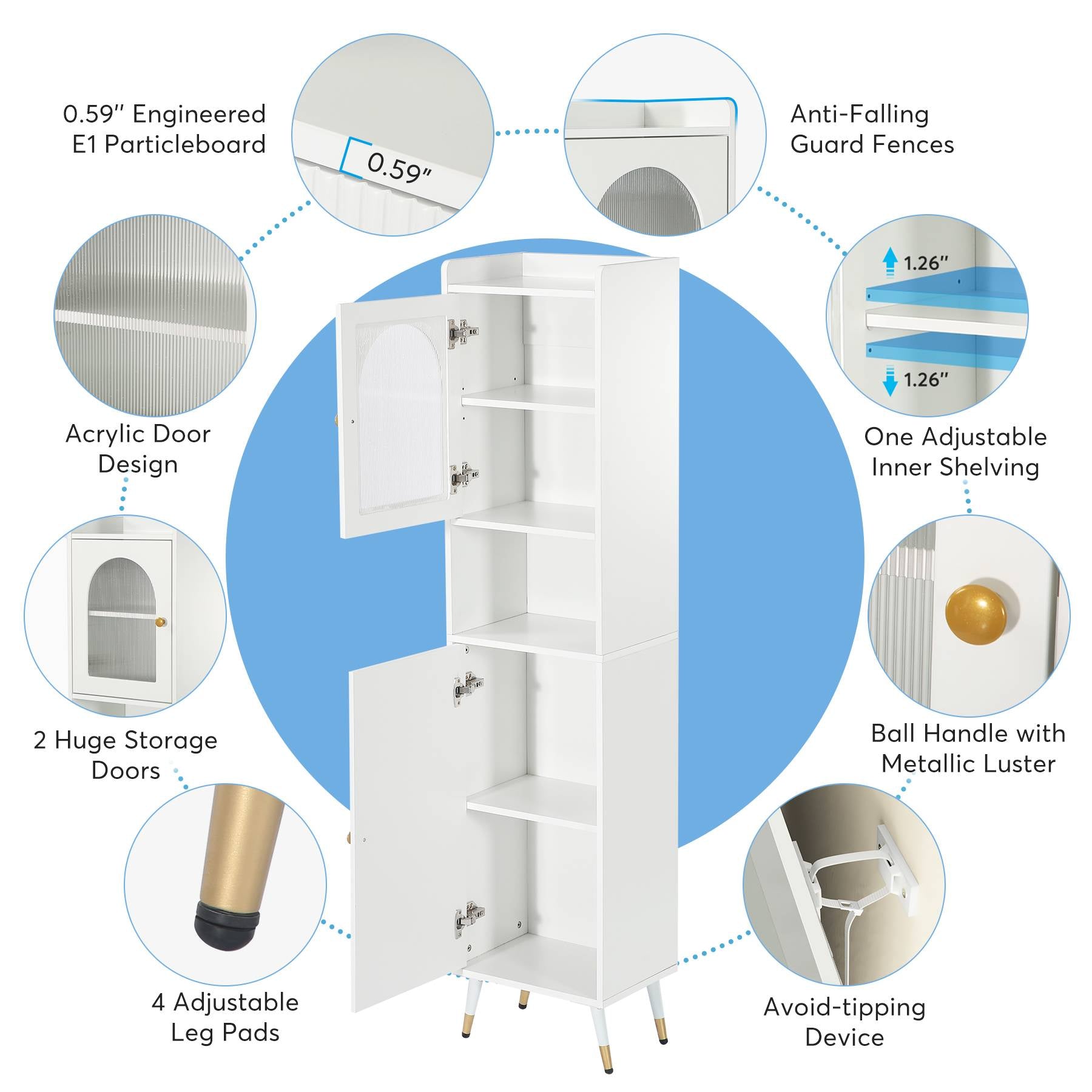 Narrow Storage Cabinet, 170 cm Bathroom Cabinet with 2 Doors and 6 Shelves