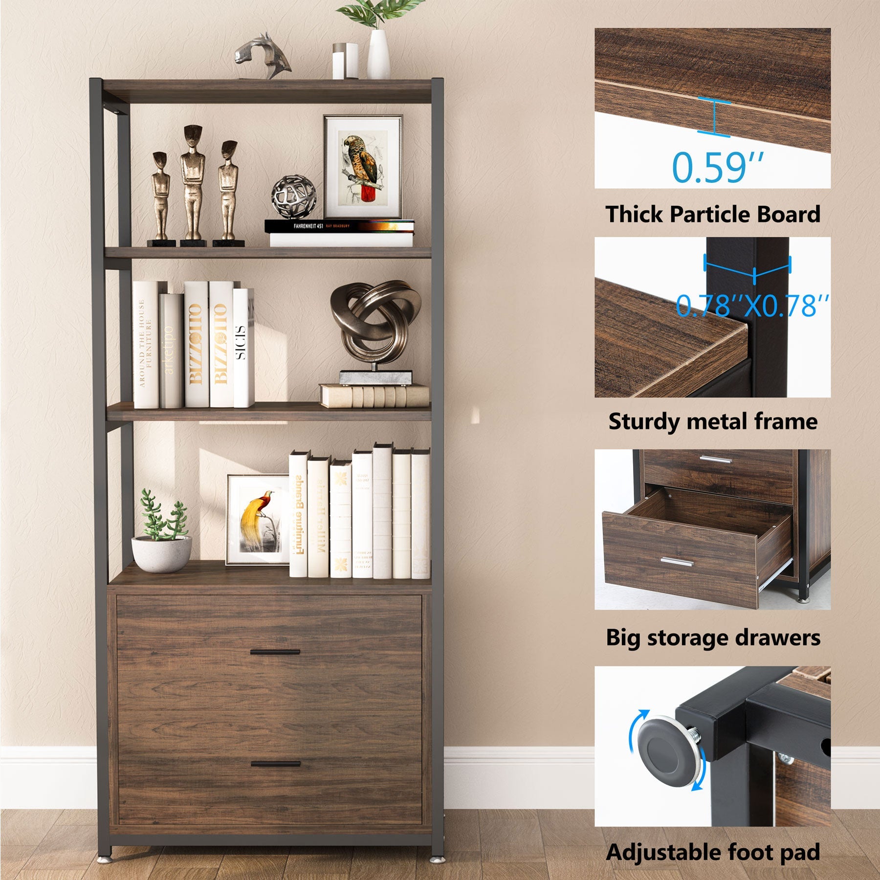 2-Drawer Bookshelf Etagere Bookcase with Open Shelves (cm)