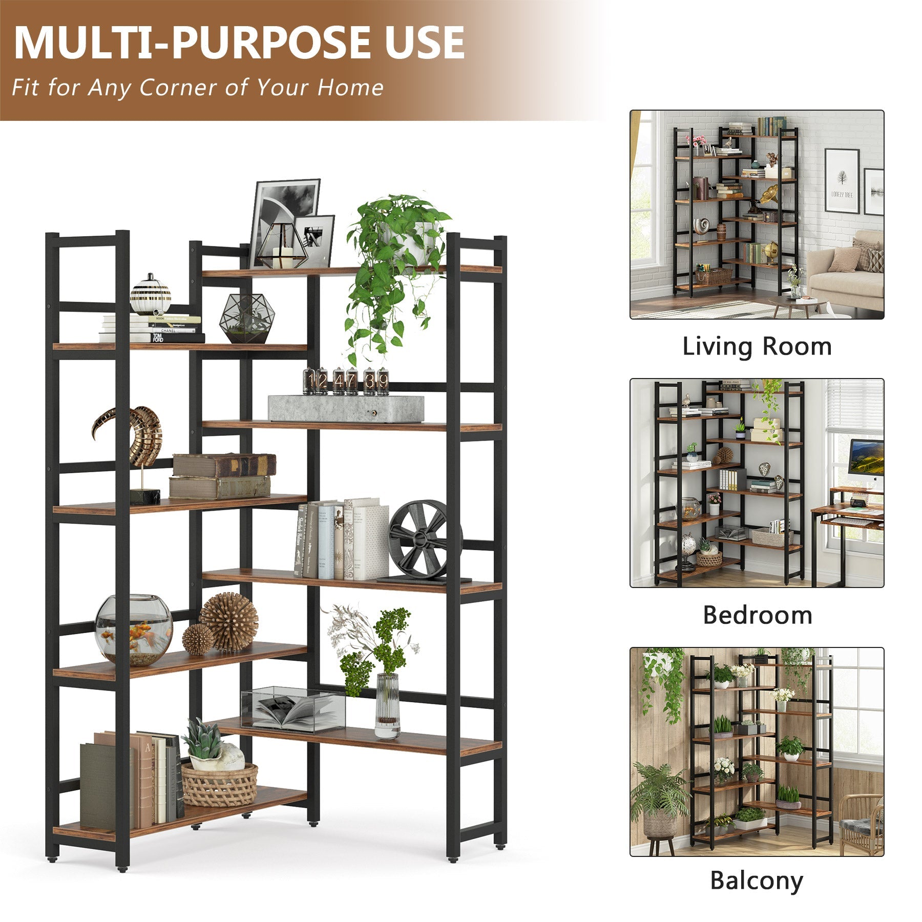 180 cm Corner Bookshelf, 8-Tier Industrial Bookcase Corner Display Rack