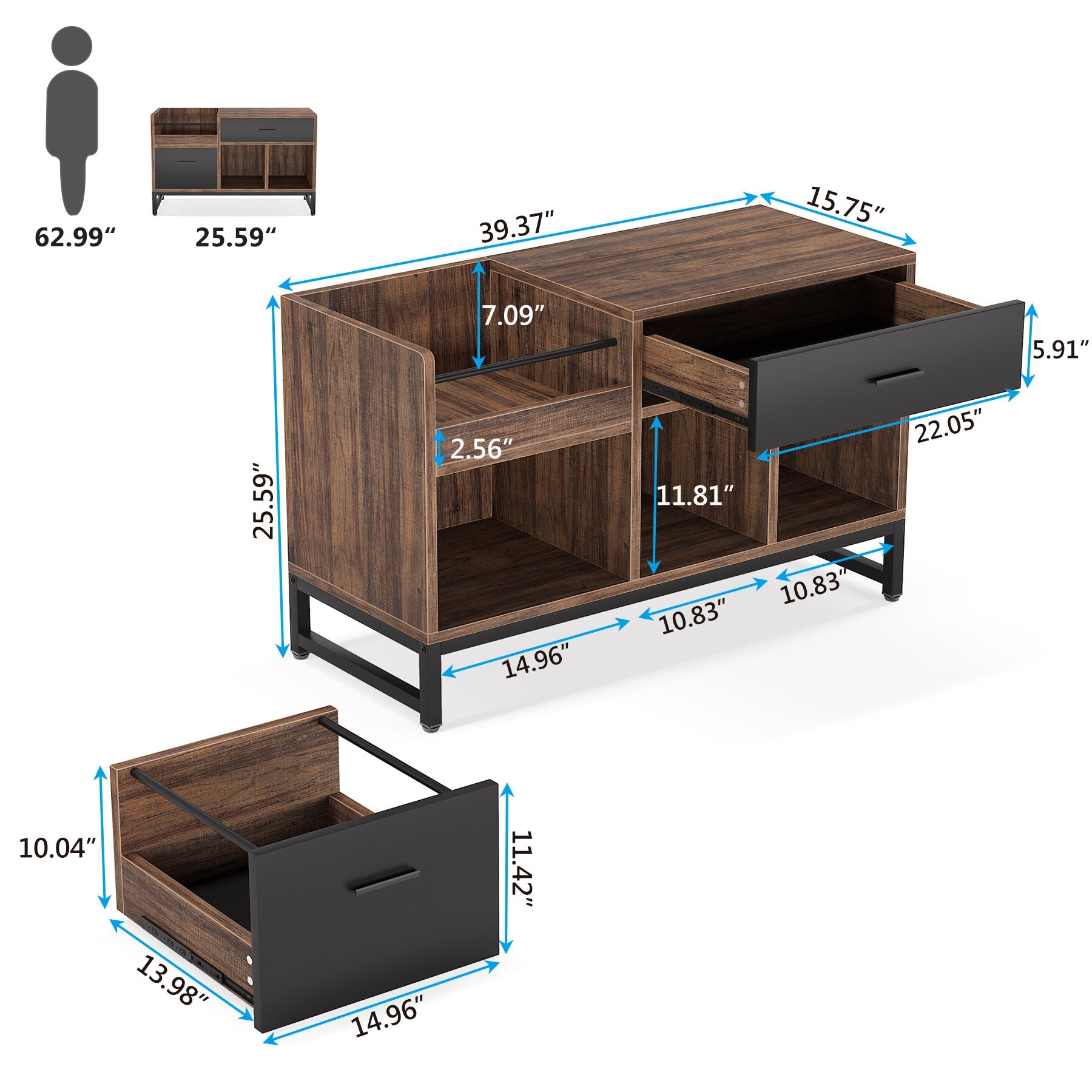 99 cm File Cabinet, Rustic Lateral Filing Cabinet with 2 Drawers