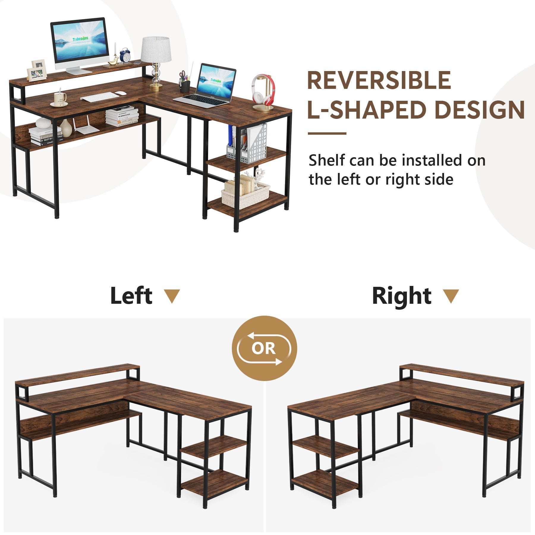 Reversible L-Shaped Desk, 150 cm Corner Desk with Shelves & Monitor Stand