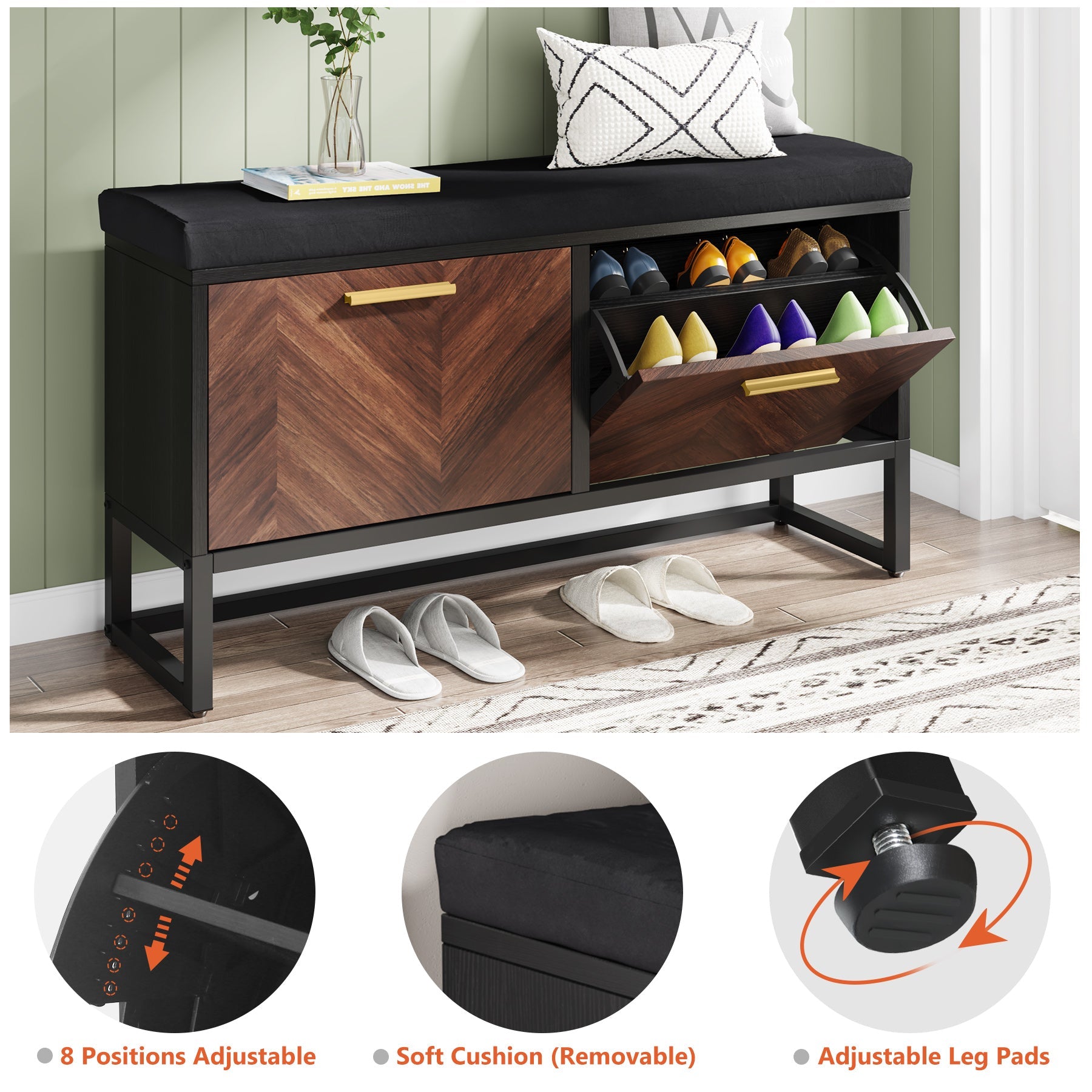 Entryway Shoe Storage Bench, Hallway Shoe Organizer with 2 Flip Drawers (in cm)