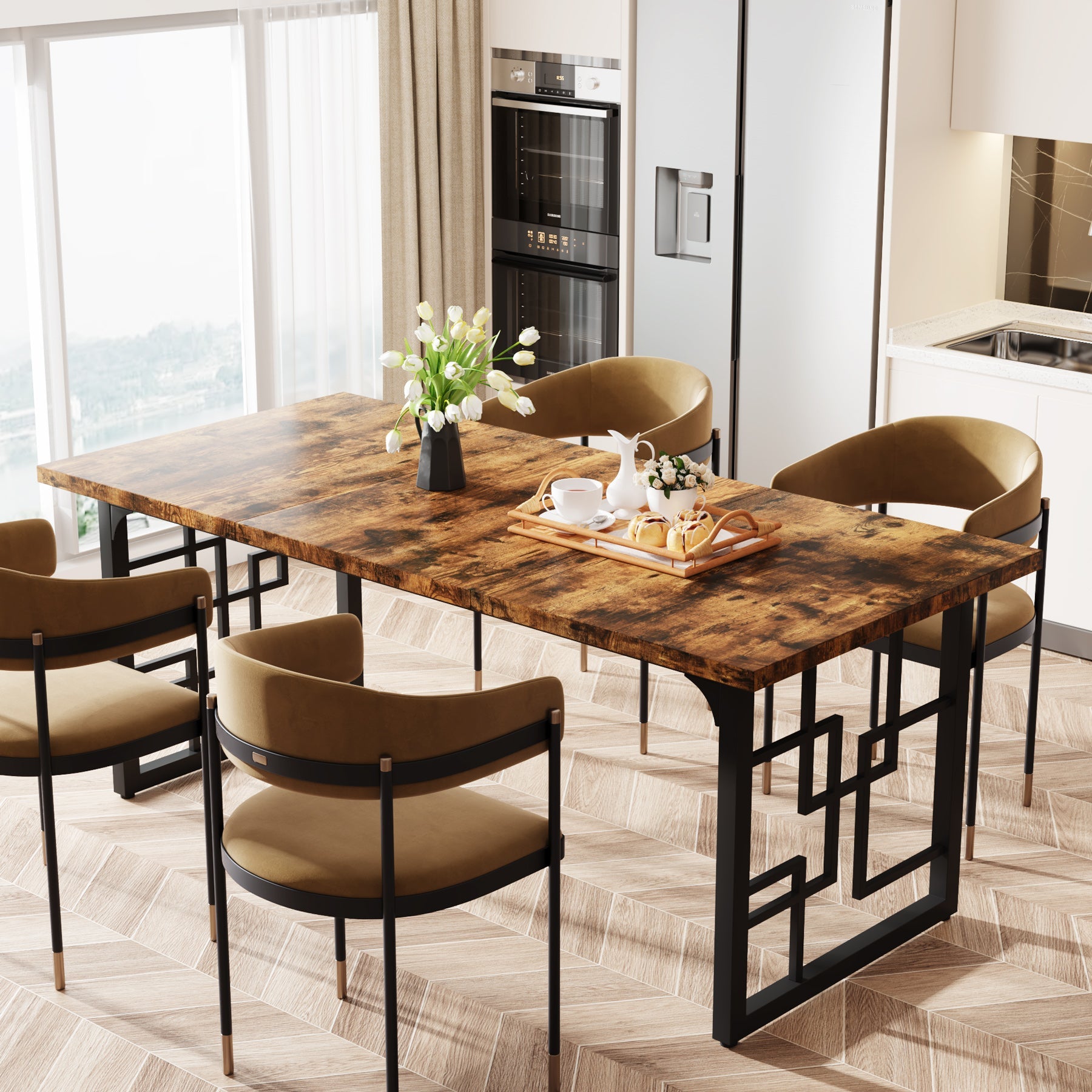 160 cm Dining Table for 4-6 People, Rectangular Wooden Dinner Kitchen Table