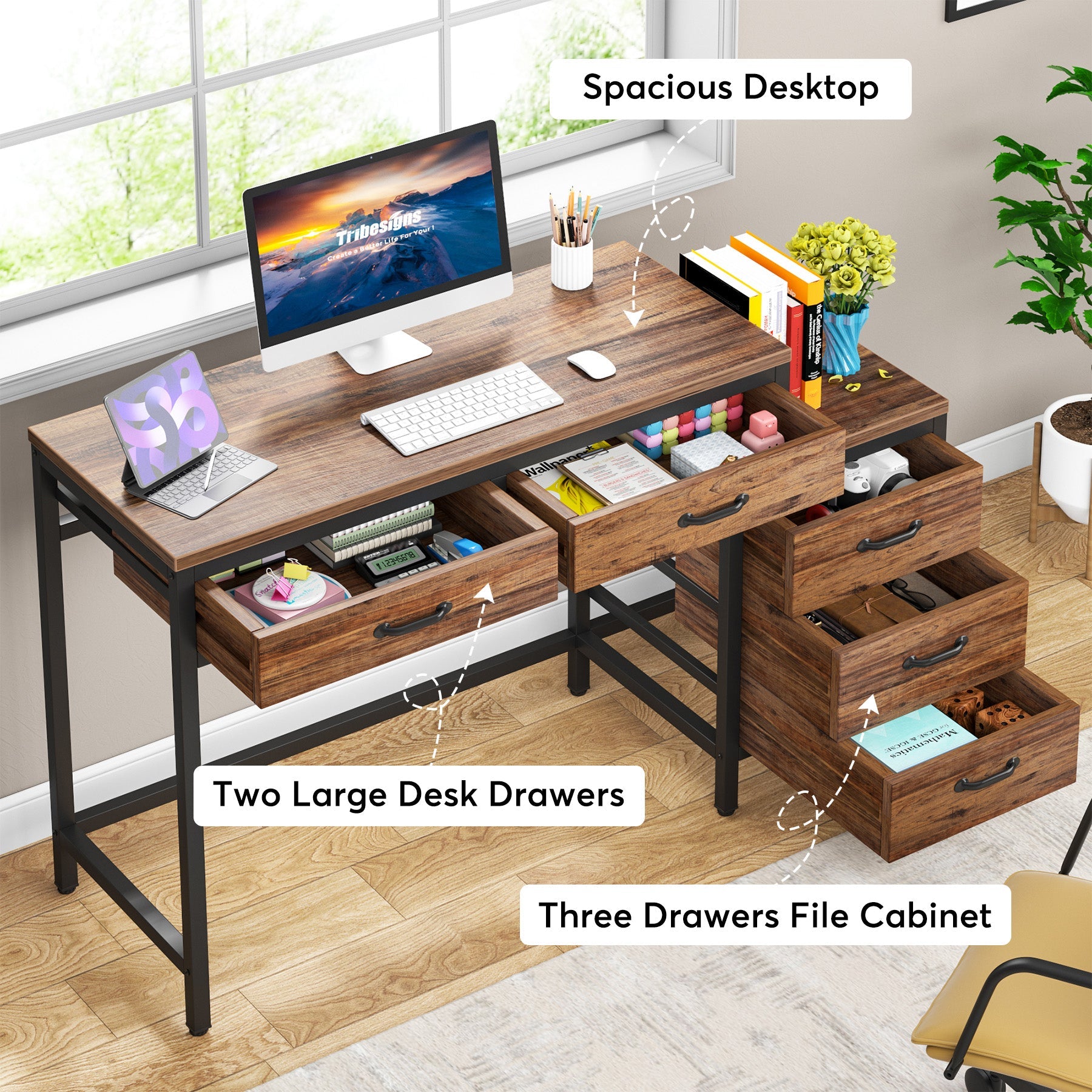 5-Drawer Computer Desk, Study Writing Table with Reversible Drawer Cabinet (Approx. 127 cm)