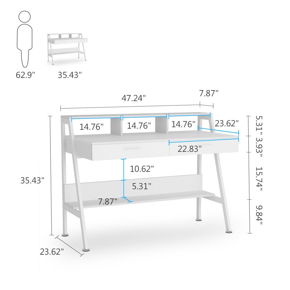 White Computer Desk, 120 cm Writing Desk with Storage Shelf & Drawers