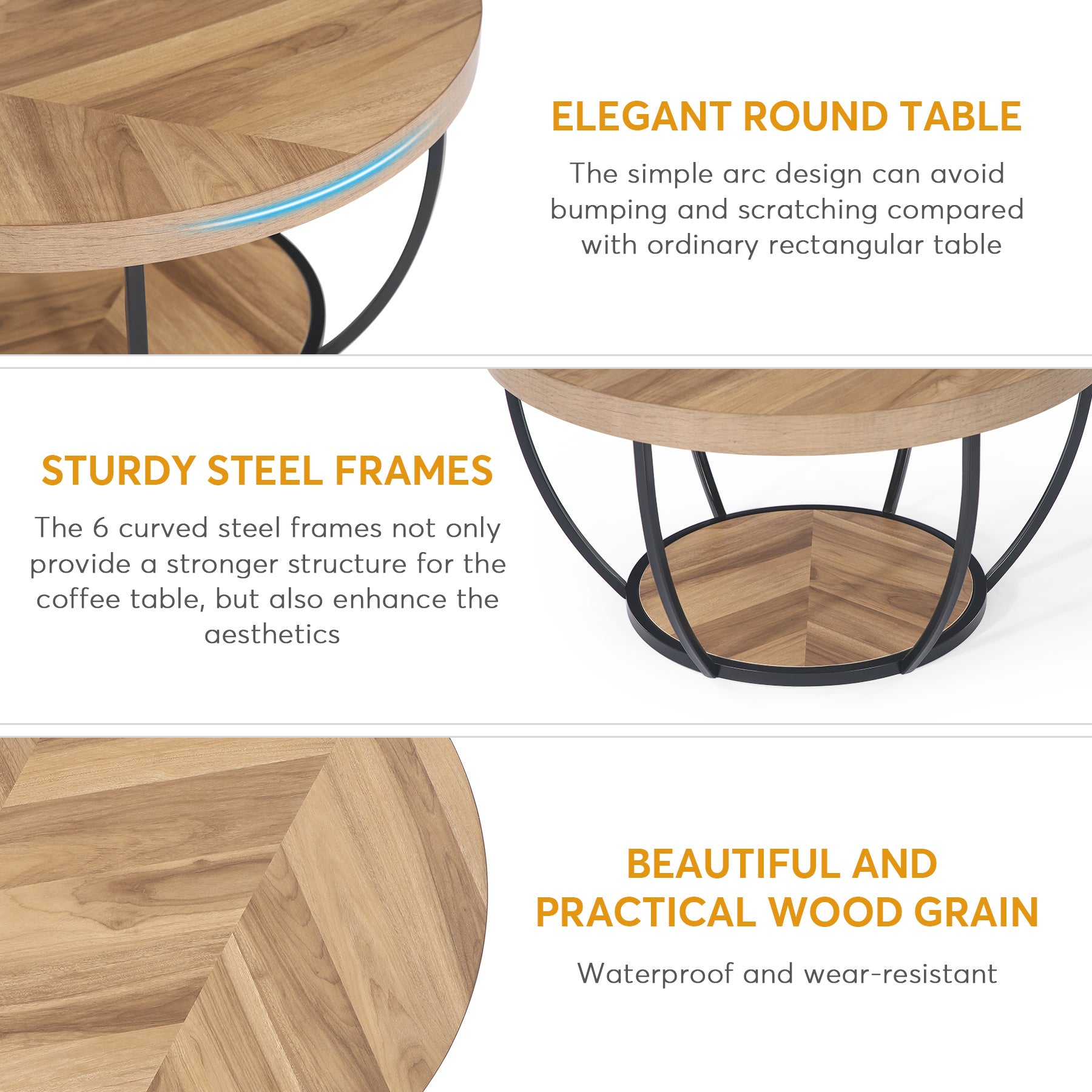 Wooden Coffee Table, 2-Tier Round Central Cocktail Table with Shelves (cm)