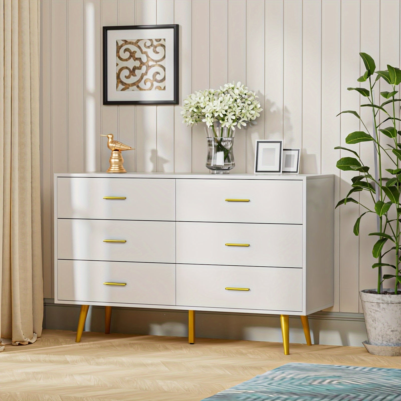 Dresser for Bedroom, 6 Drawer Dresser with Wide Drawers and Gold Metal Handles, Wood Dressers & Chest of Hallway, Entryway.