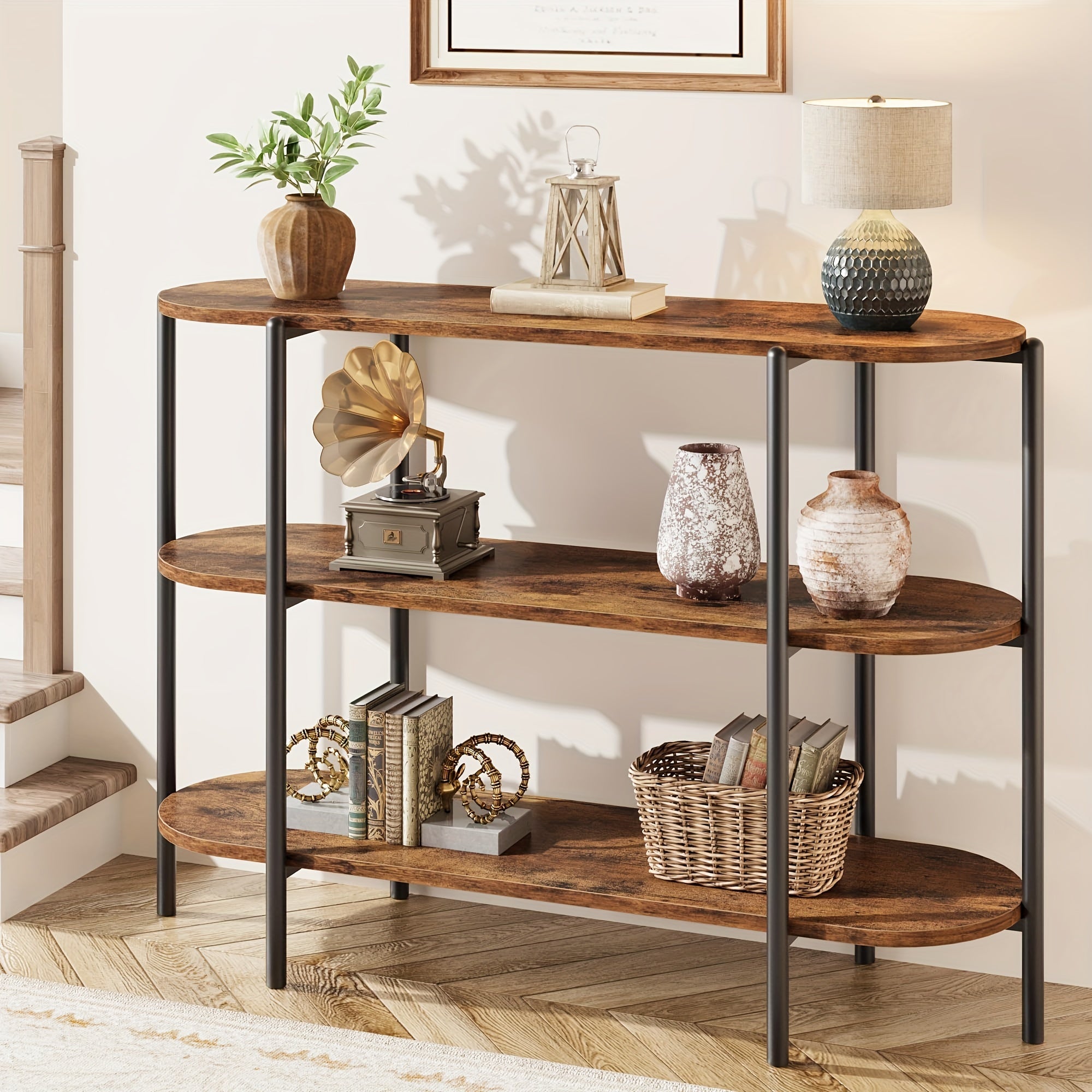 120 cm Console Table, 3 Tier Industrial Metal Sofa Table, Behind Couch Table, Farmhouse Hallway Table for Entry, Living Room, Kitchen, and Dining Room