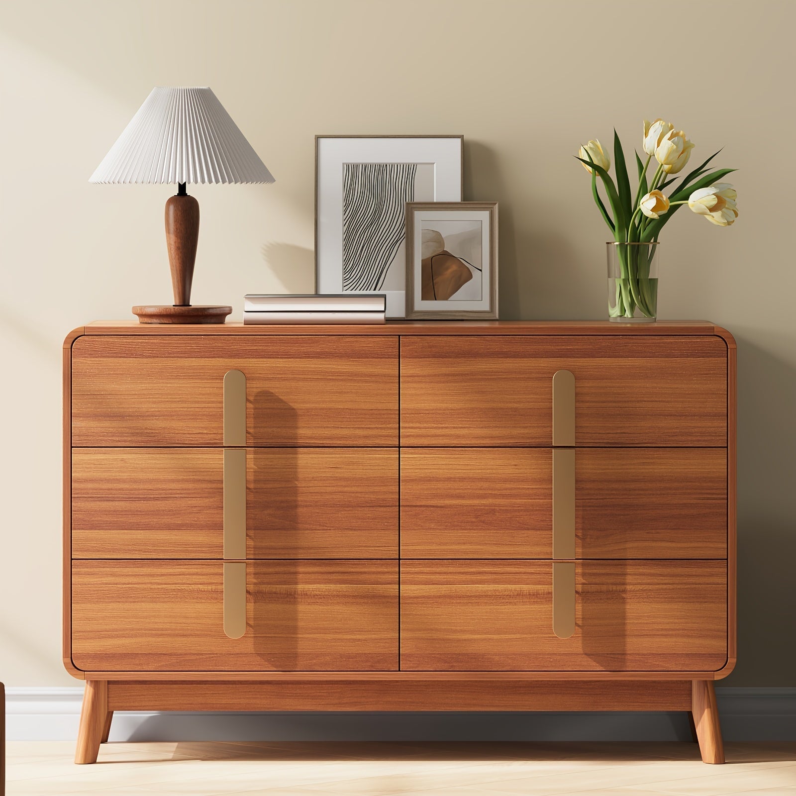 Mid-Century Modern 5/6 Drawer Dresser - Cherry Wood Finish, 47.2" Tall with Metal Handles for Bedroom, Living Room & Entryway