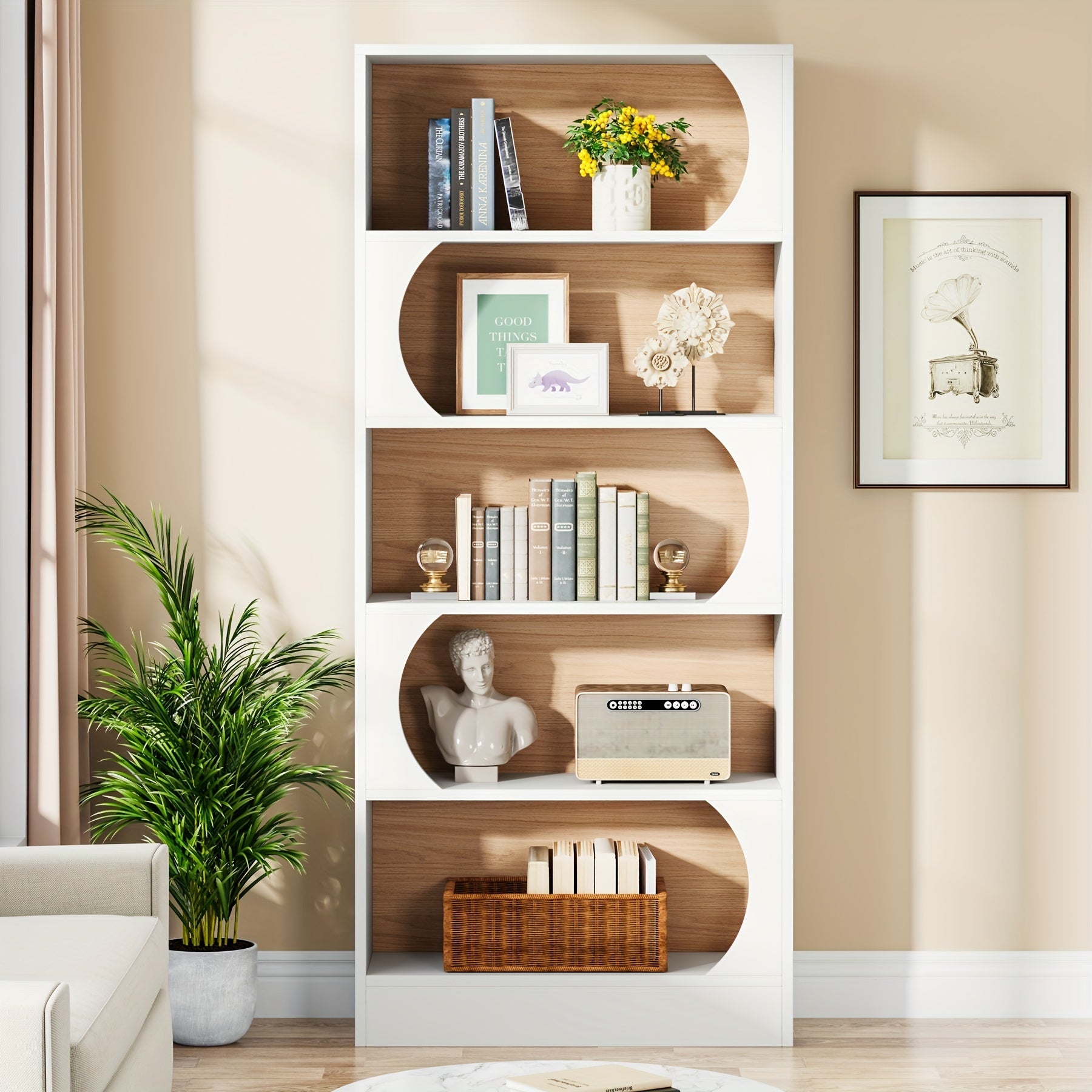 180cm Tall Modern Bookcase, 5-Tier Large Open Bookcases, Freestanding Bookshelf With Storage Shelves, Wood Display Shelving Unit For Living Room, Home Office