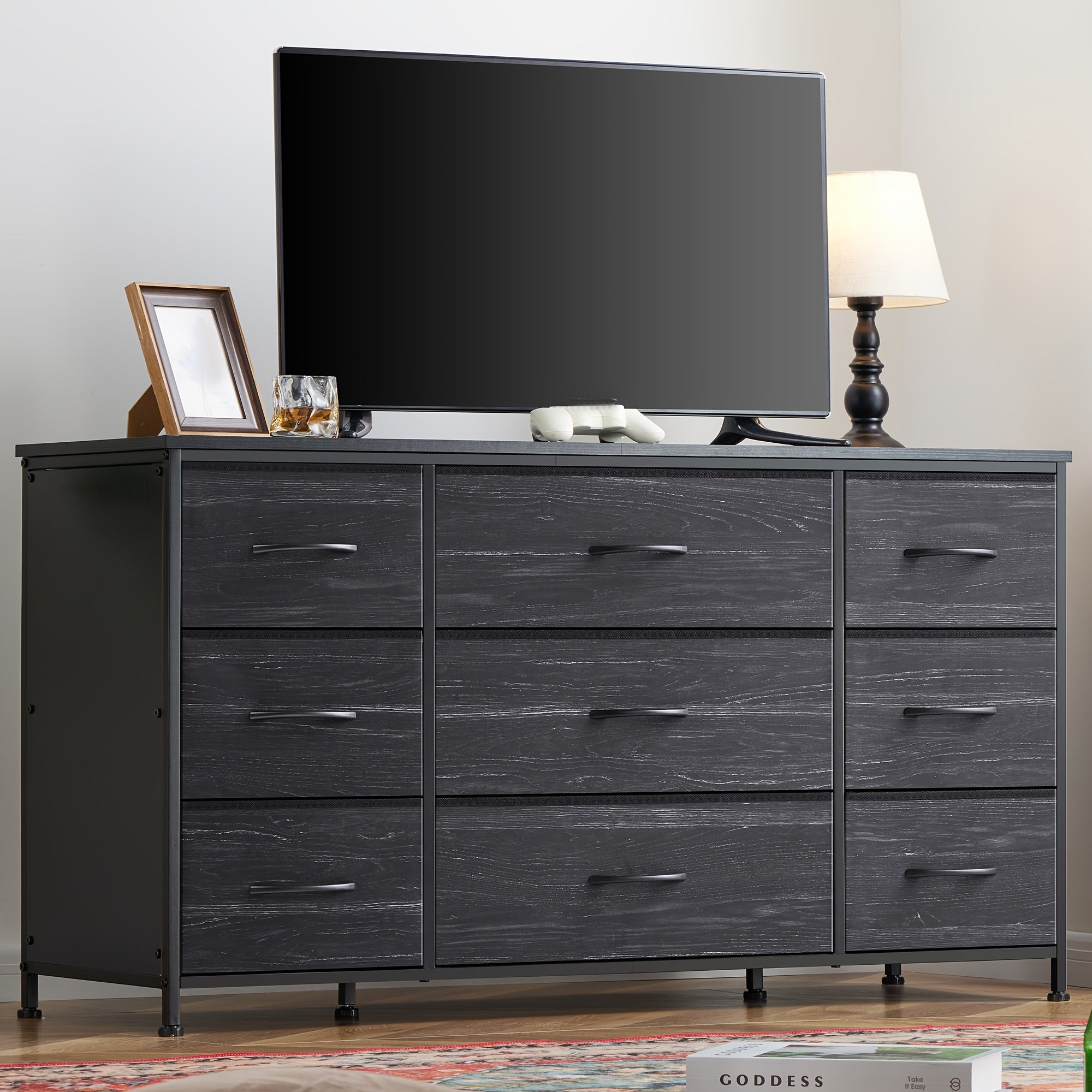 Spacious 9-Drawer Dresser TV Stand in Charcoal Black - Sleek Metal Frame & Wood Top, Ideal for Bedroom or Living Room, Sturdy & Modern Design, Fits 60'' TV