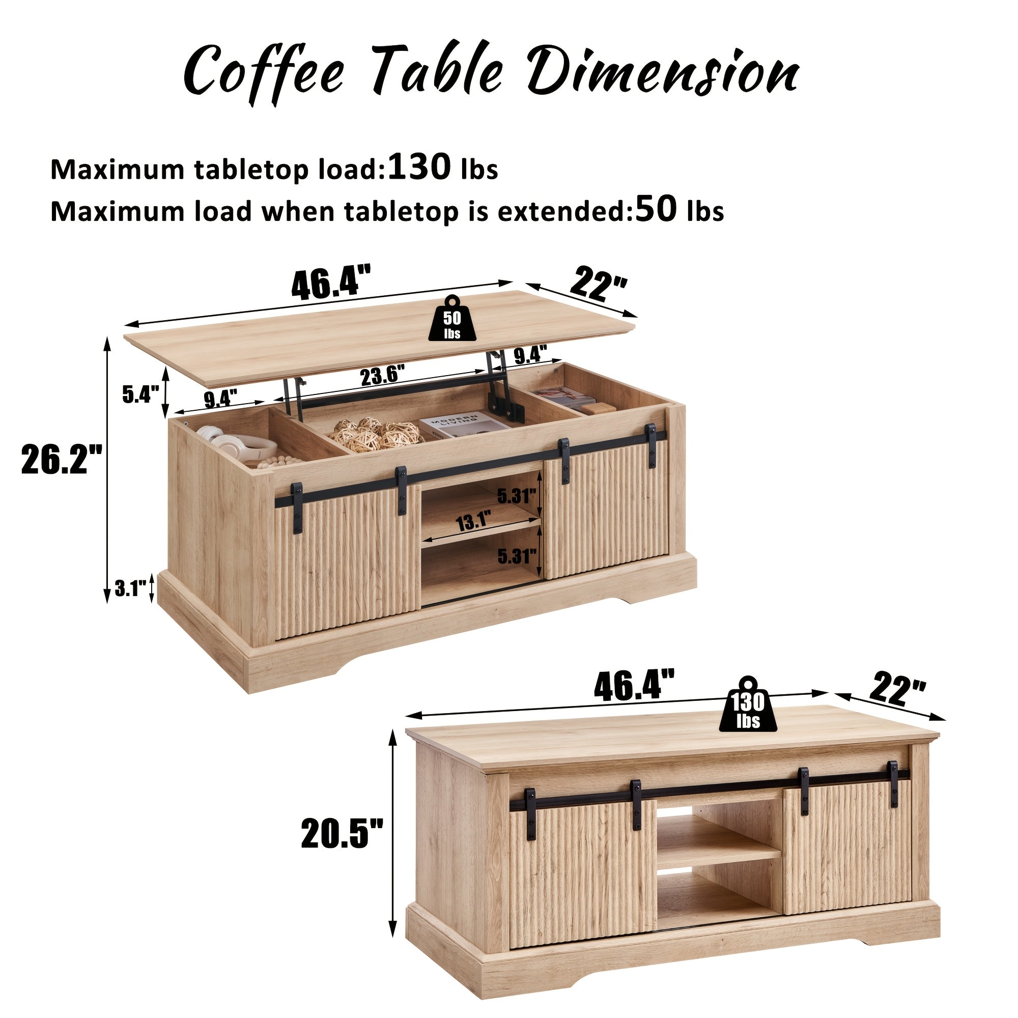 Modern 117cm Fluted Lift Coffee Table with Hidden Storage - Adjustable Height, Sliding Door & Shelf, Convertible Wooden Center Table for Living Room