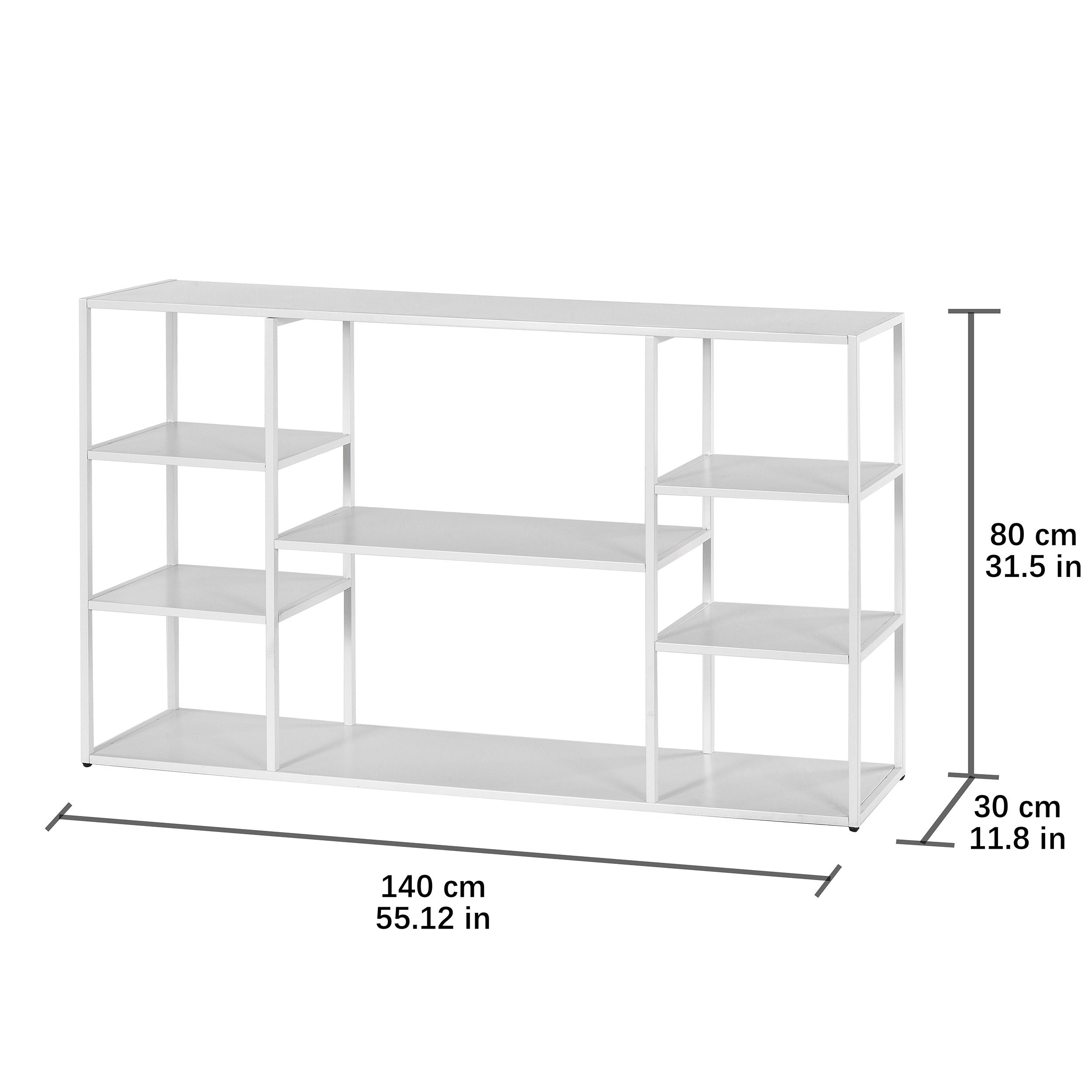 140 cm Metal Console Table with 8 Storage Shelves, Extra Long Entryway Table, Narrow Sofa Table, Hallway Table for Entrances to Corridor, Foyer, Living Room (140×30×80 cm)