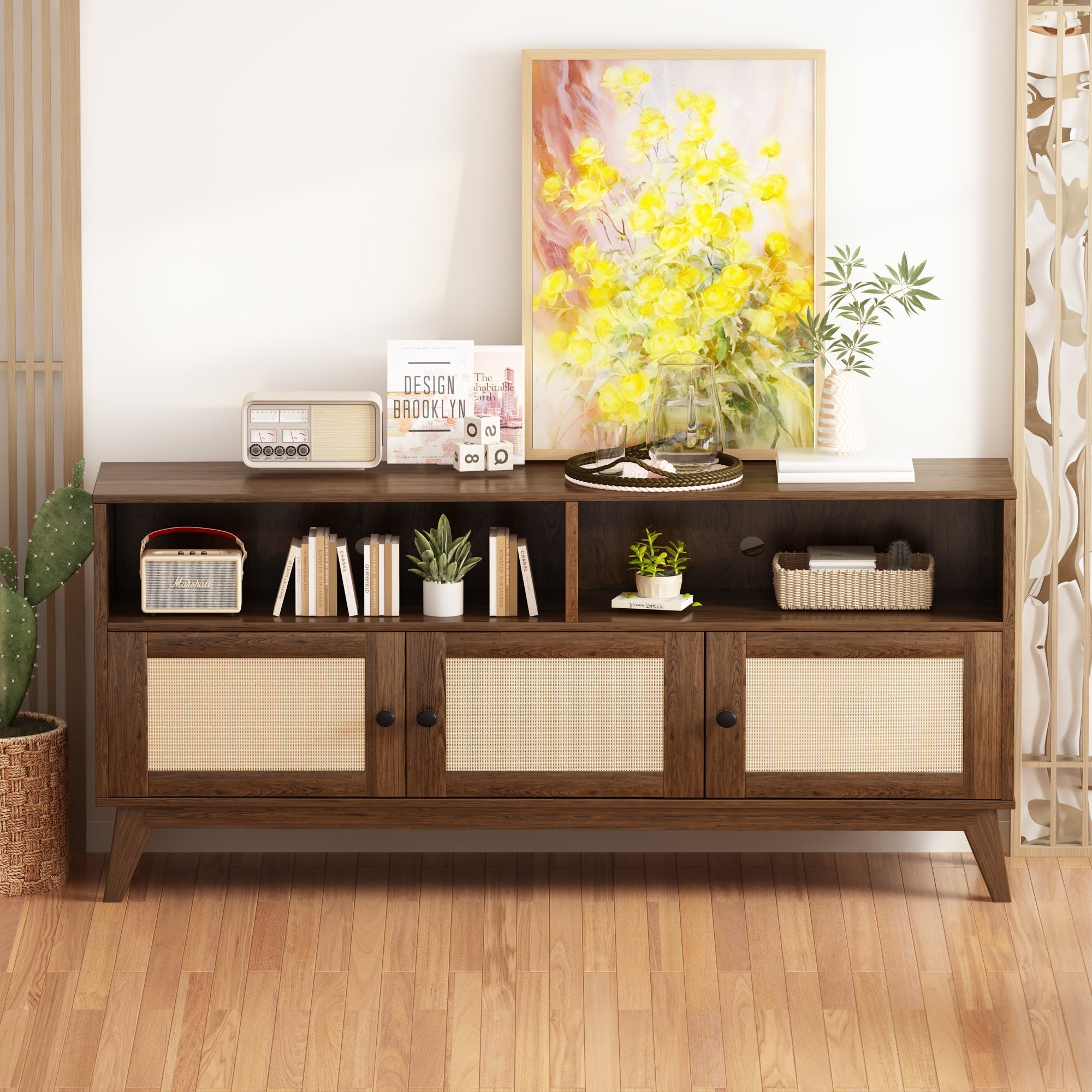 TV Stand for 55 65 inch TV,Boho TV Stand, Entertainment Center with 2 Storage Shelf,Modern Media Console with 3 Rattan Doors, TV Console Table, Living Room, Walnut, 57"L15.74"W29.92"H