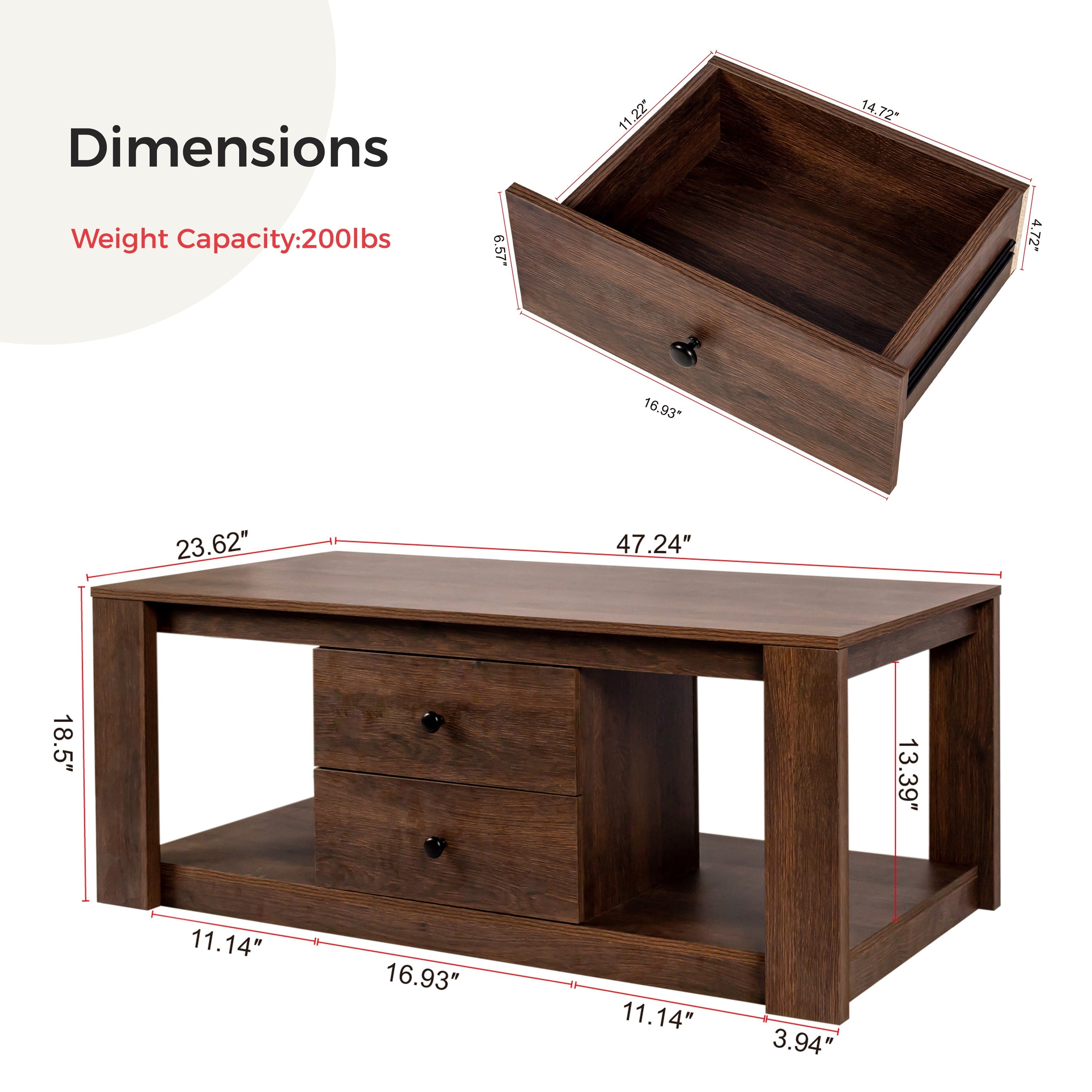 Coffee Table, Modern Wooden Rectangle Coffee Tables With Storage, 2 Drawer Center Table For Living Room, Set Of 1