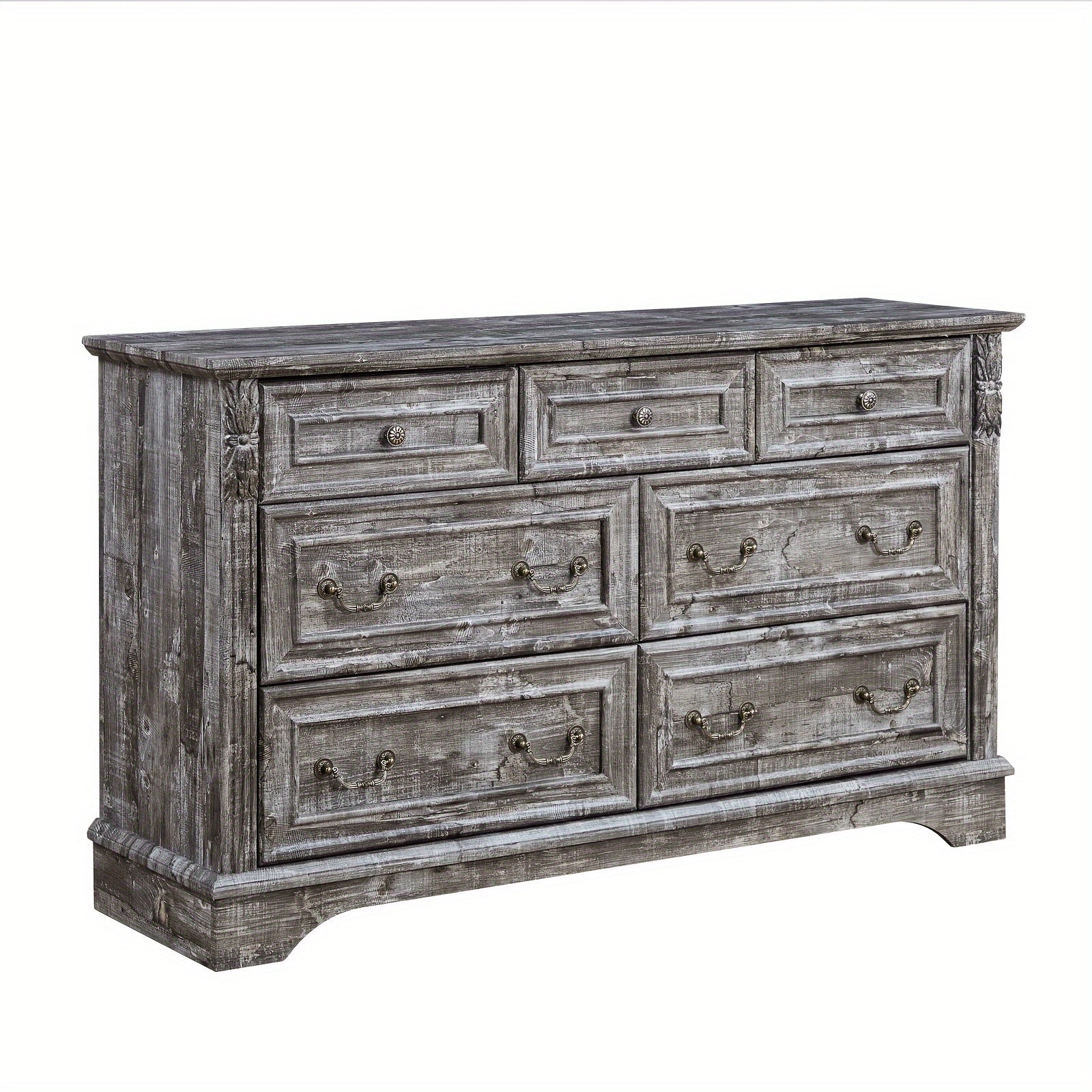 Farmhouse 7 Drawers Dresser, Dressers For Bedroom, 54" Wide Wood Rustic Chest Of Drawers With Carved Pilasters, Storage Organizer For Living Room, Hallway