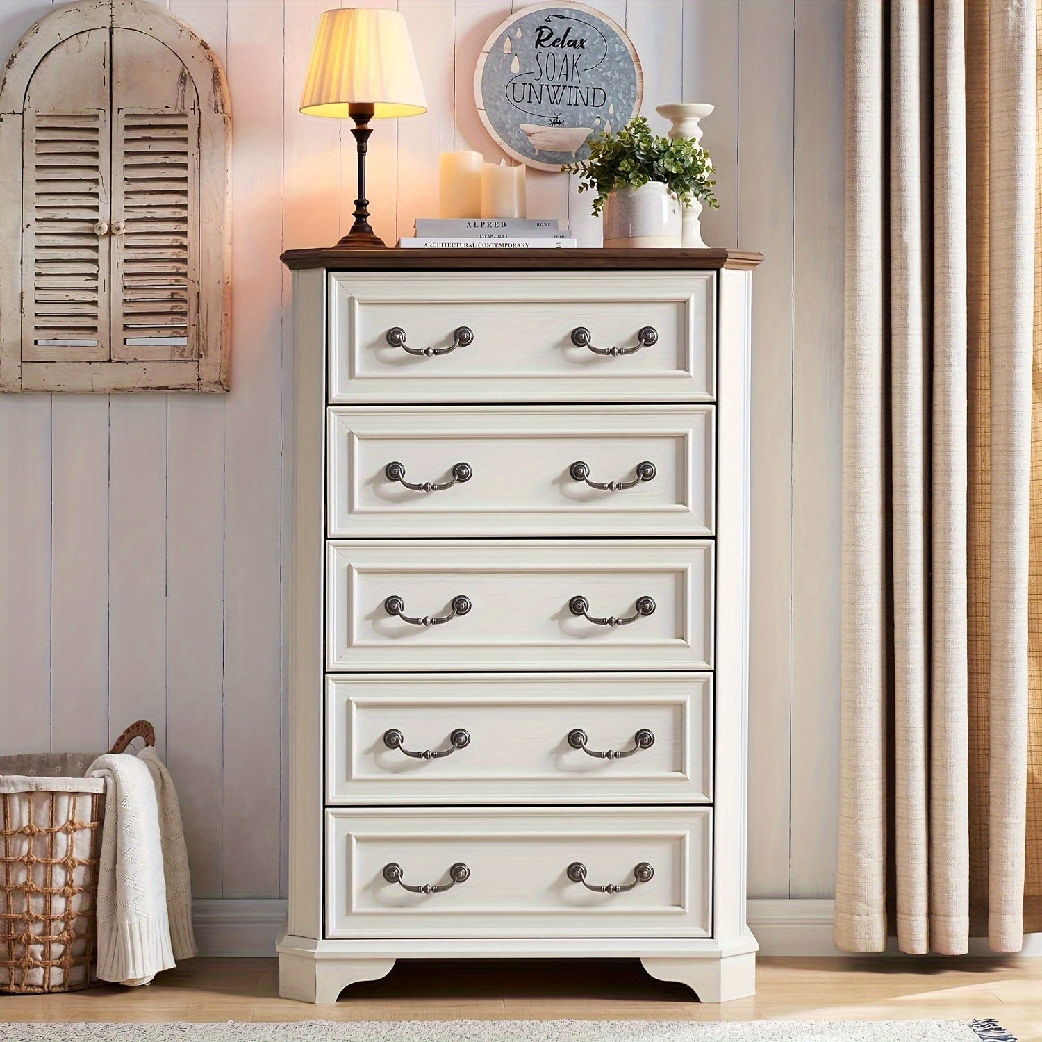 Charming 5-Drawer Farmhouse Dresser in Natural Wood - 48" Tall, Rustic Vintage Design with Beaded Knobs, Spacious Storage for Bedroom & Living Room Essentials, Sturdy & Durable, Easy Assembly