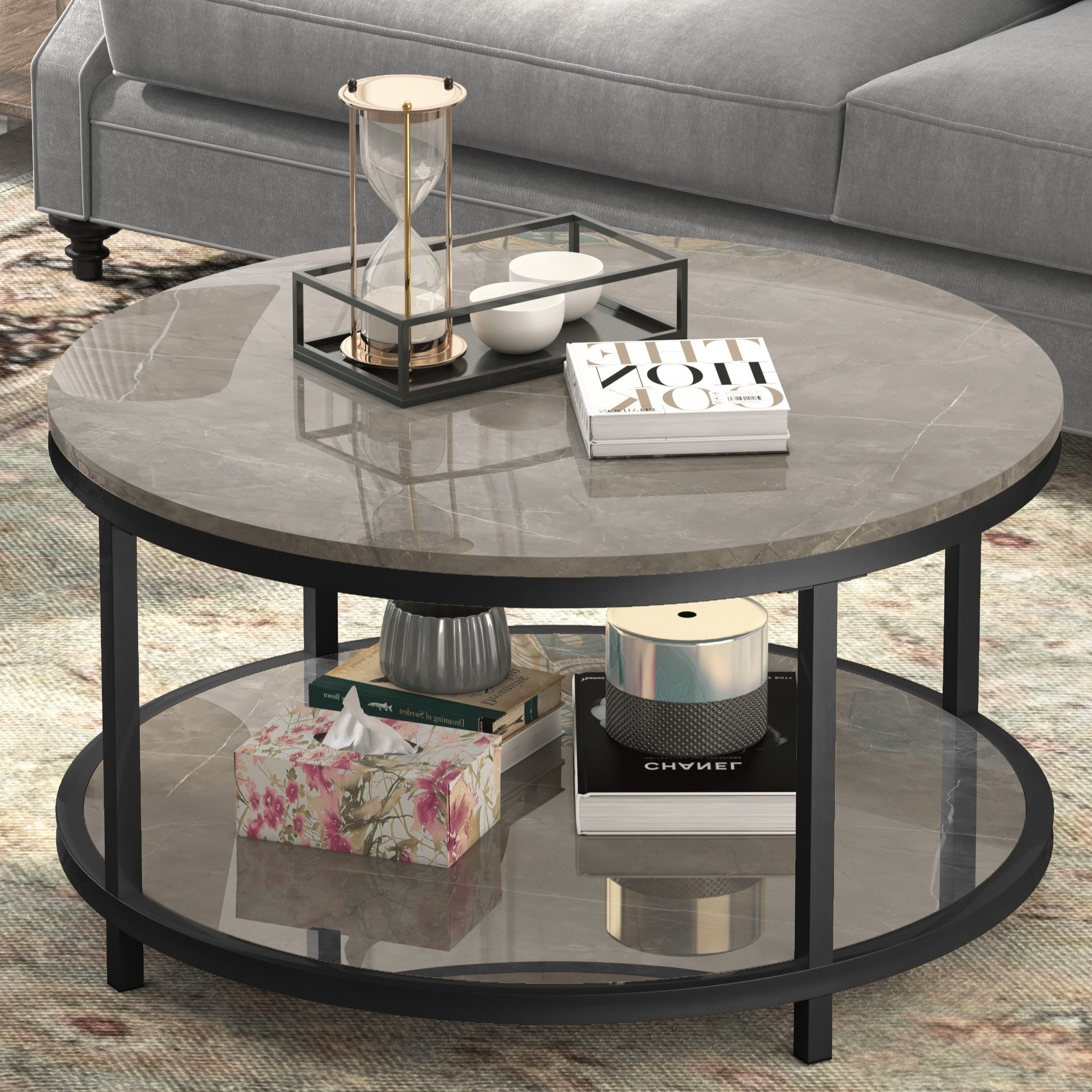 Round Coffee Table 86cm Coffee Tables for Living Room High Glossy Faux Balck Marble Top Modern Circle Table Sturdy Golden Metal Frame Legs Cocktail Table with Storage Open Shelf