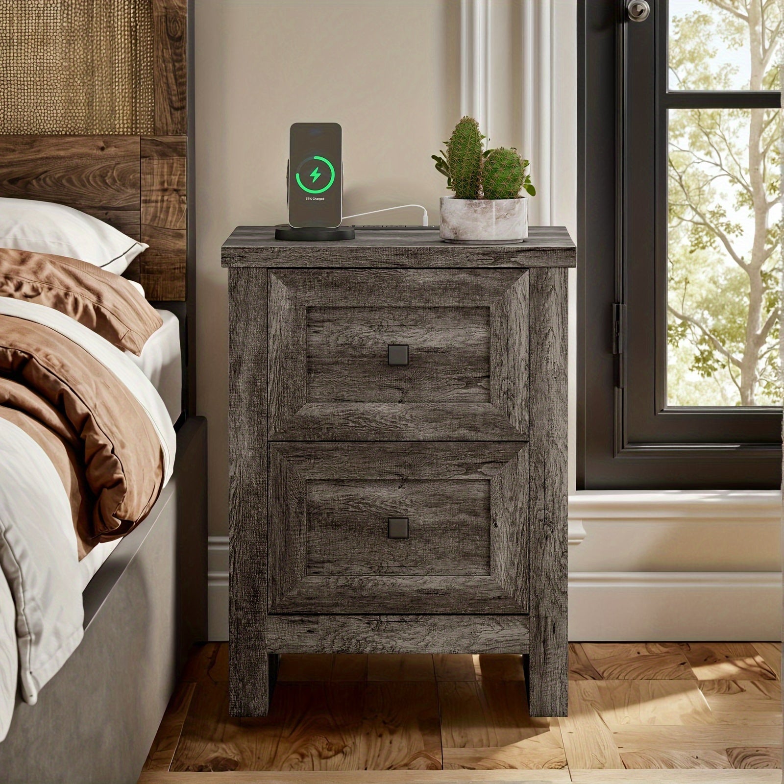 Charming Farmhouse Nightstand Set of 2 with Built-In Charging Station & Storage Drawers - Rustic Wooden Bedside Tables for Bedroom and Living Room