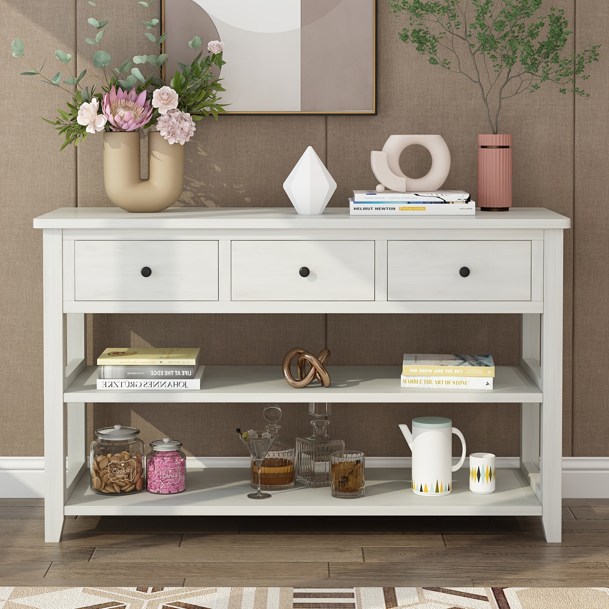 Console Table with Wood Frame and Legs, Sofa Table Entryway Table with 3 Drawers and 2 Open Shelves in Antique White (Measurements in cm)