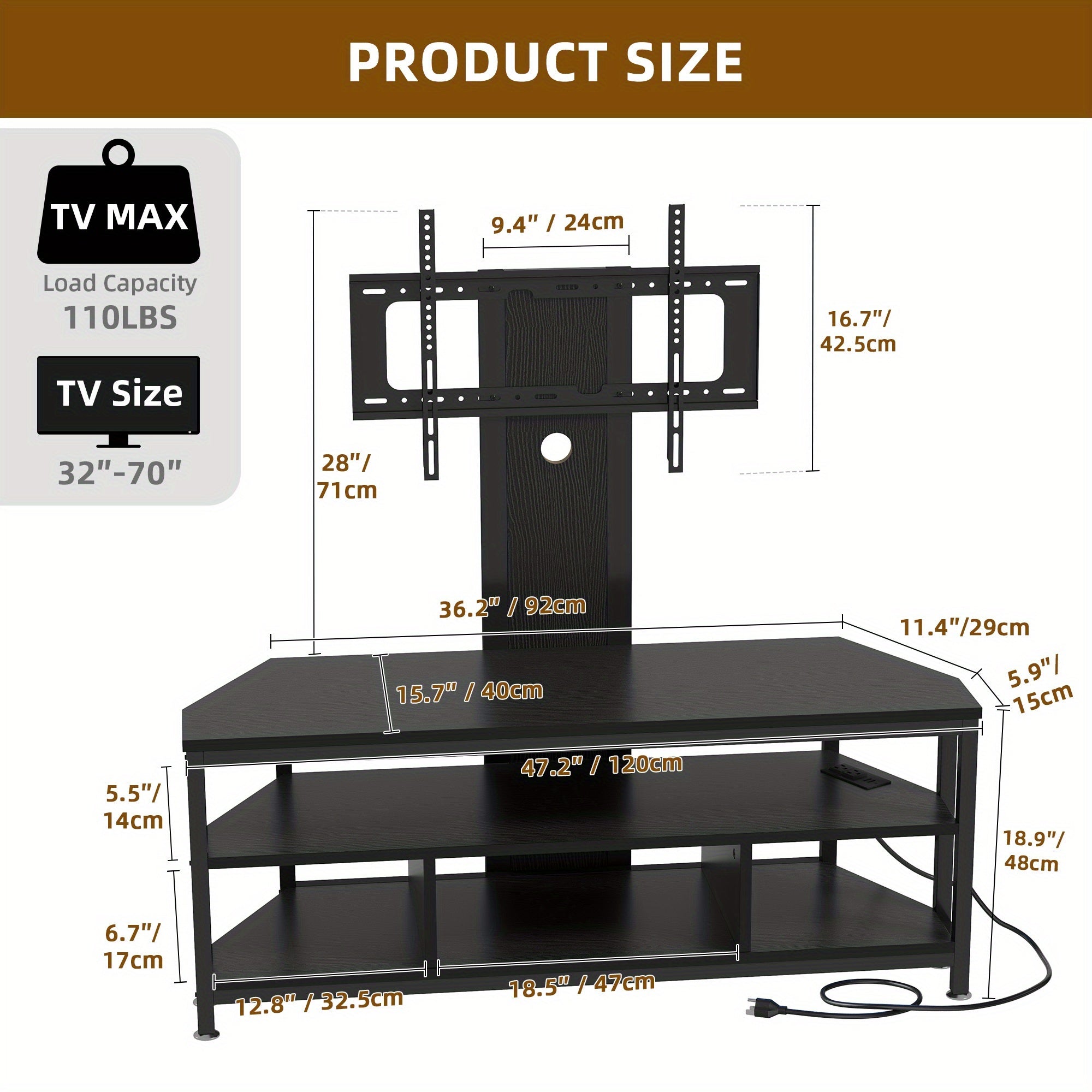 165cm TV Stand with Mount and Power Outlet, Entertainment Center Storage