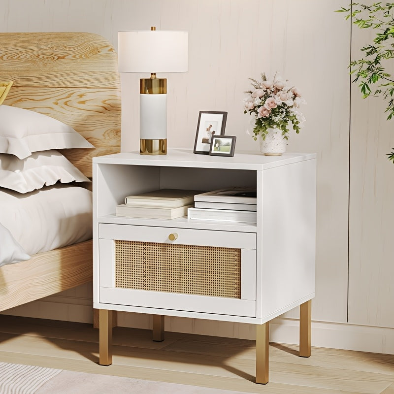 2pcs Bohemian Style Bedside Tables, White Wooden Nightstands with Rattan Weave, Open Shelves & Doors, Hardwood Construction, Medium Density Fiberboard, Under 3.2 Cubic Feet Storage, Less Than 27 Inches Tall, Storage Drawer Un