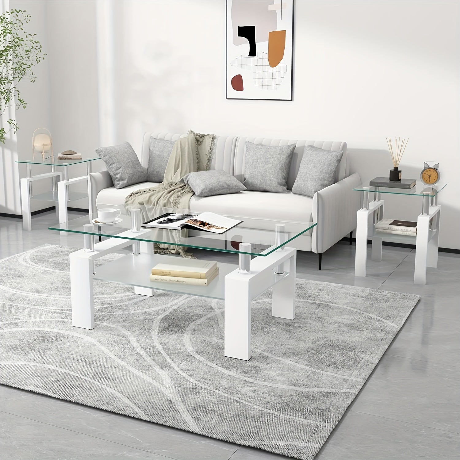 Glass Coffee Table Set Of 3, 3pcs Living Room Tables With Tempered Glass And Metal Frame, Coffee And End Table Sets