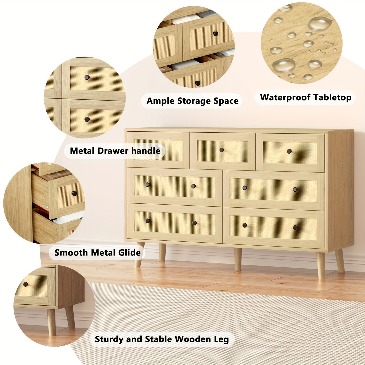 Natural Rattan Dresser For Bedroom, Modern Wood 7 Drawer Dresser With Gold Handles