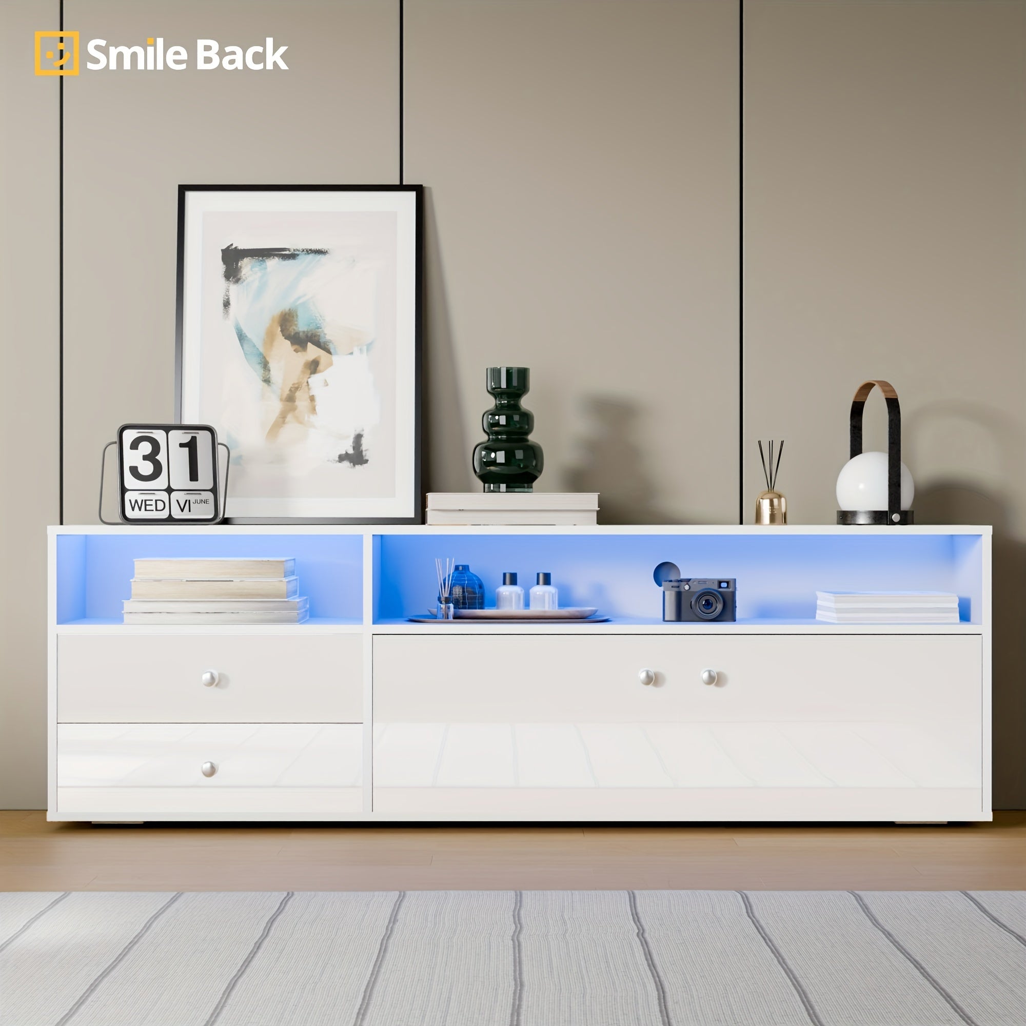 Smile Back Modern TV Stand For 65/75 Inch TV, Entertainment Center With Drawers And Storage Cabinets, TV Media Console For Living Room, Bedroom And Office