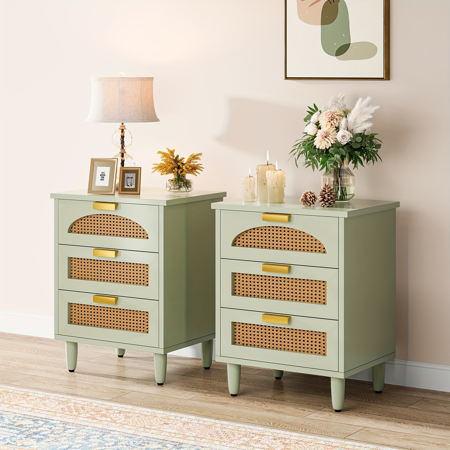 Mint Green 3-Drawer Rattan Nightstand, Bedside End Table, Space-Saving Side Table For Bedroom And Compact Areas, Easy To Assemble Storage Drawer Units