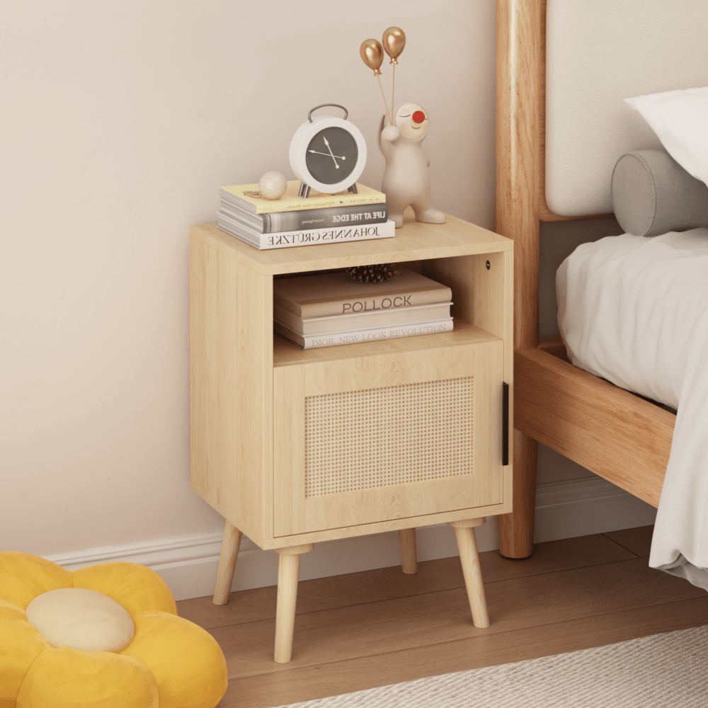 Chic Oak Rattan Nightstand with Open Shelf - 22.83'' H Side Table, Solid Wood Legs & Door Storage, Ideal for Bedroom, Dorm & Small Spaces, Durable MDF Construction, Bedroom Decor