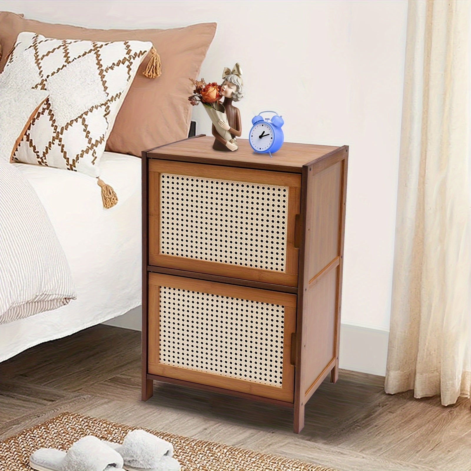 Nightstand with Decor Drawers Rattan Pattern End Table - Bamboo Sofa Side Table