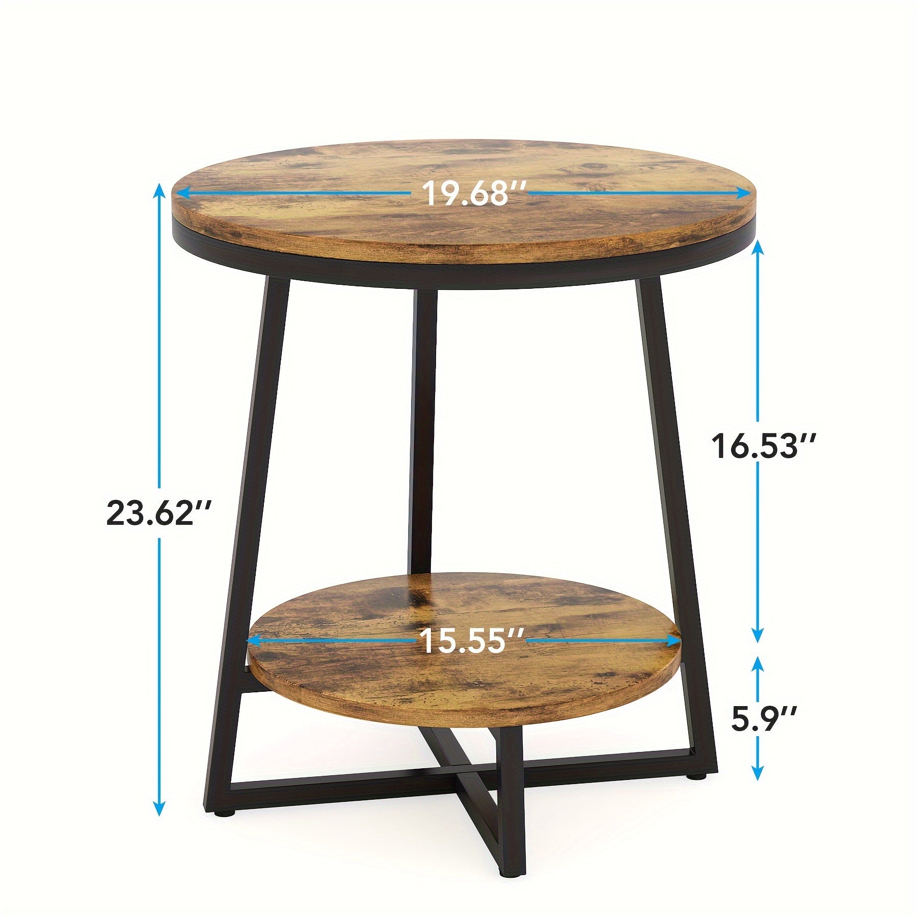 Round End Table, Industrial Nightstand With Storage Shelf, Small Farmhouse Rustic Coffee Table With Steel Frame & Wood Grain, 2-Tier Vintage Side Table For Living Room, Bedroom, Office