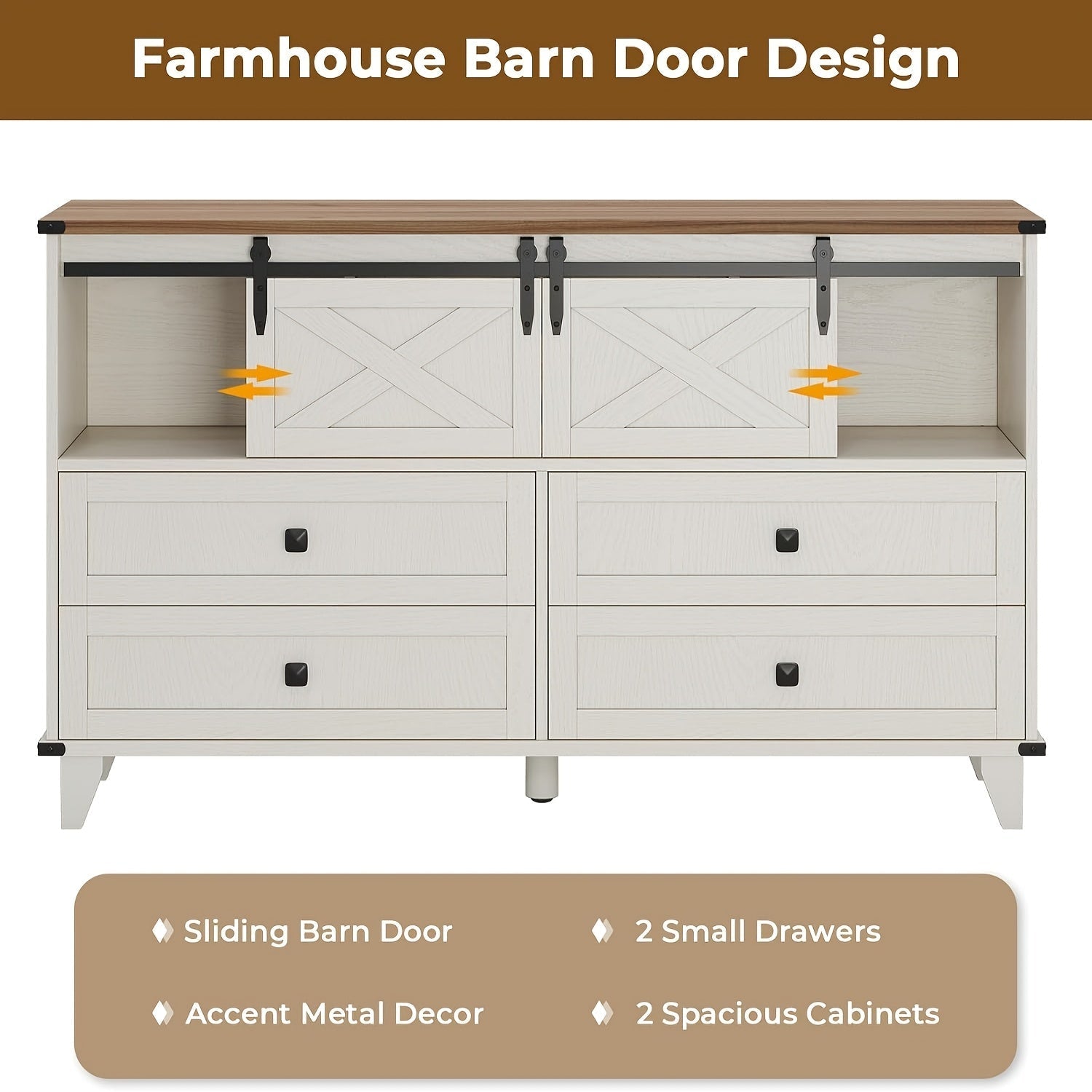 Charming Farmhouse 6-Drawer Dresser with Sliding Barn Doors - Versatile White Chest of Drawers with X-Shaped Metal Frame, Ideal for Bedroom or Living Room Storage, Easy Assembly