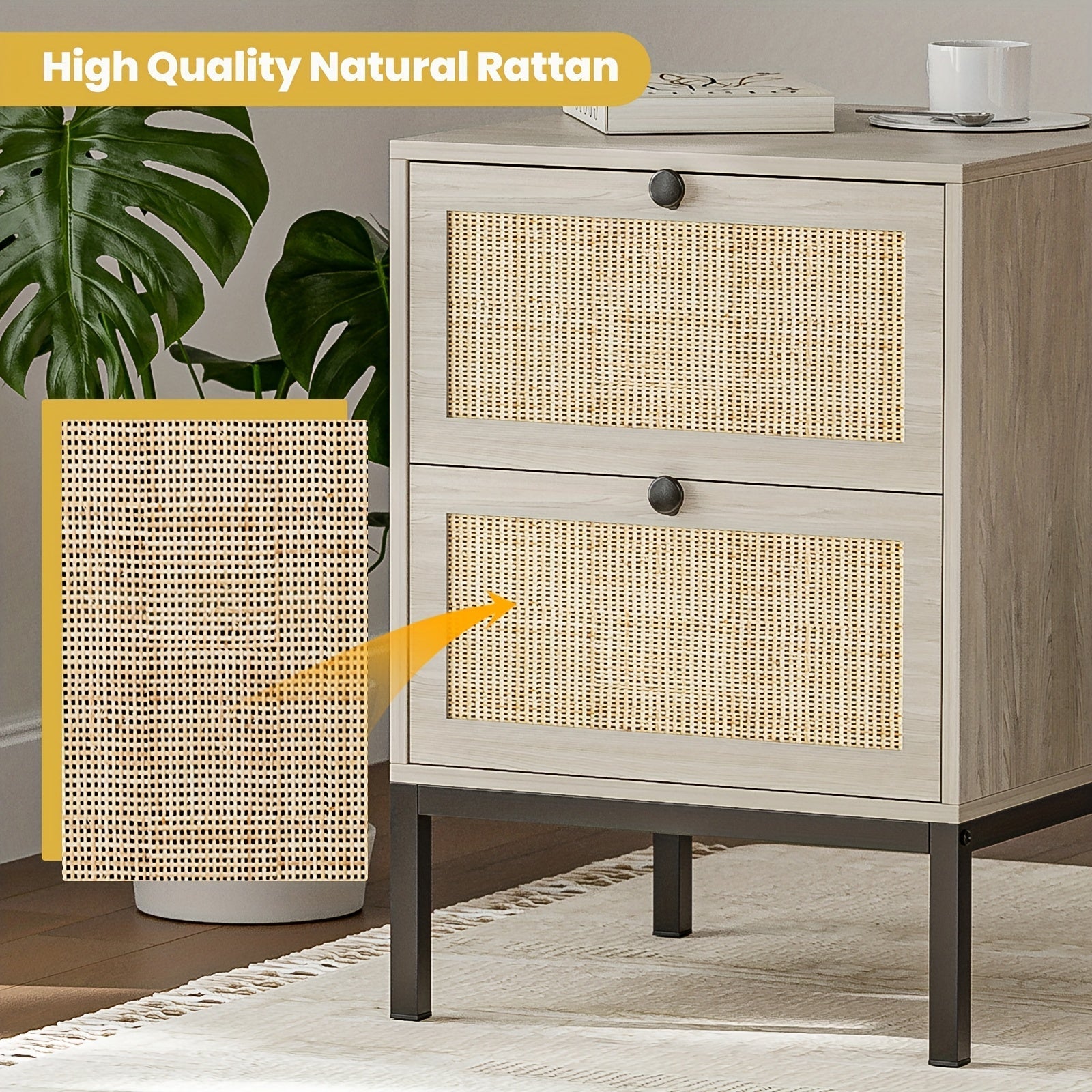 Set Of 2 Rattan Bedside Tables With 2 Natural Rattan Drawers, Used For Storage In Bedrooms And Living Rooms - Black/Natural/White