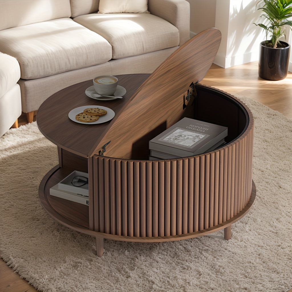 Round Coffee Table With Storage, Mid Century Modern Coffee Table With Sliding Cabinet Door, Coffee Table For Living Room, 31.5" Small Center Table (Walnut)