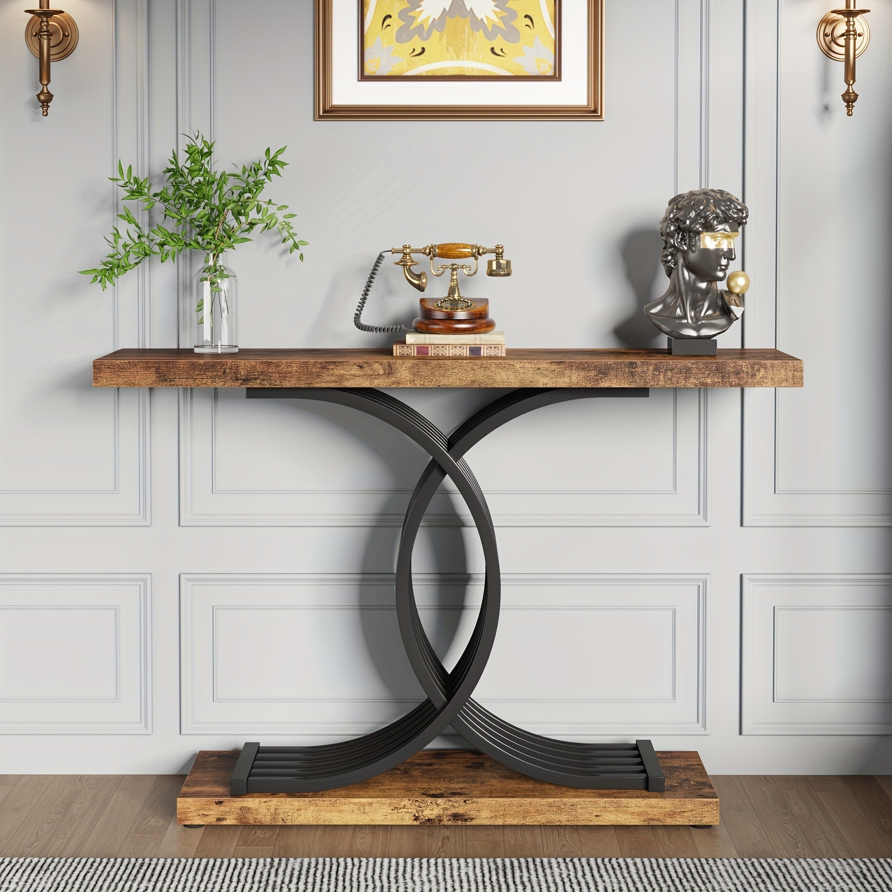 Industrial Entryway Table, Vintage Console Table Accent Table with Geometric Metal Legs, Narrow Wood Sofa Table Foyer Table for Living Room, Entryway, Hallway, Entrance, Brown (Dimensions in cm)