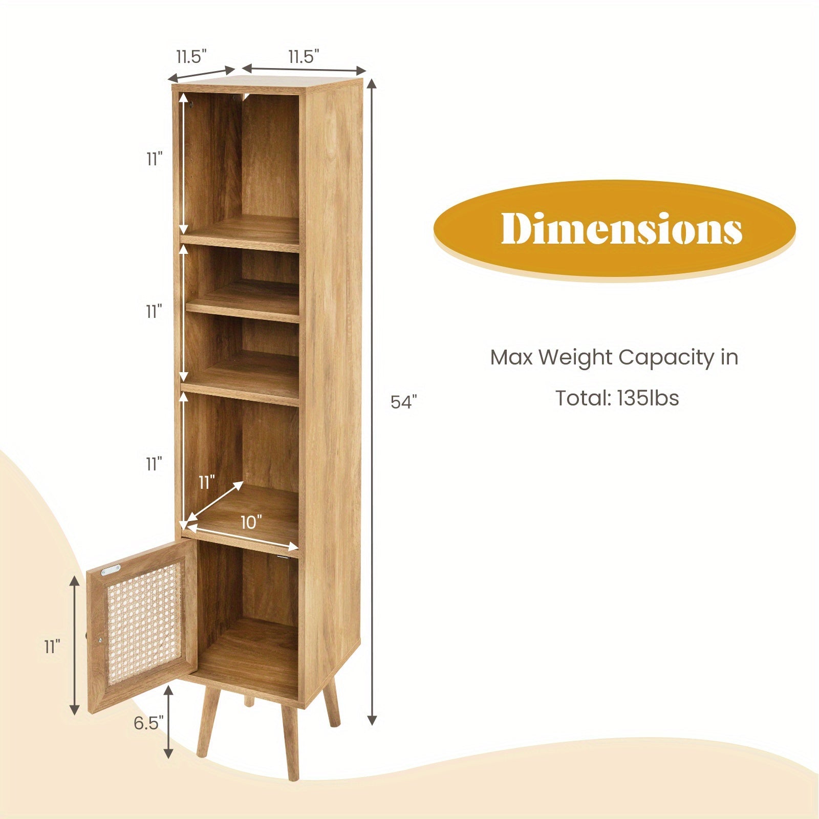 Slim Tall Rattan Storage Cabinet, Boho Accent Bookshelf w/ Rattan Door, 12-Position Adjustable Shelf & Solid Wood Legs, Freestanding Display Rack Cupboard for Living Room, Study, Kitchen