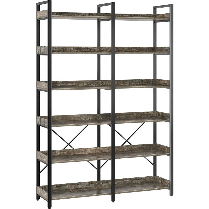 Bookshelf 6 Tier with 4 Hooks, 69 Industrial Wooden Bookcase, Vintage Storage Rack with Open Shelves, Rustic Standing Bookshelves Metal Frame 47.3 Wide Display Rack