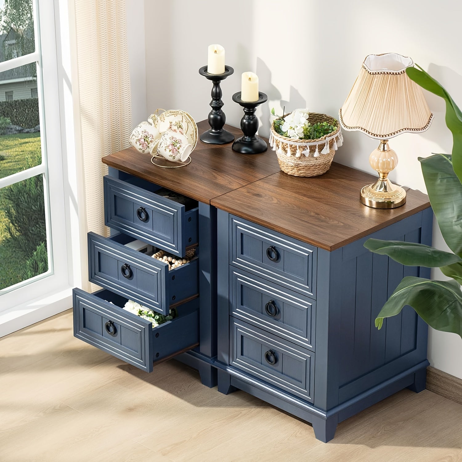 Farmhouse Nightstand, 46cm End Table with 3 Drawer Metal Handle, Dresser for Bedroom, Sofa Bed Side Table Chest of Drawers, Wood Night Stand Cabinet for Organizer, Living Room - Blue