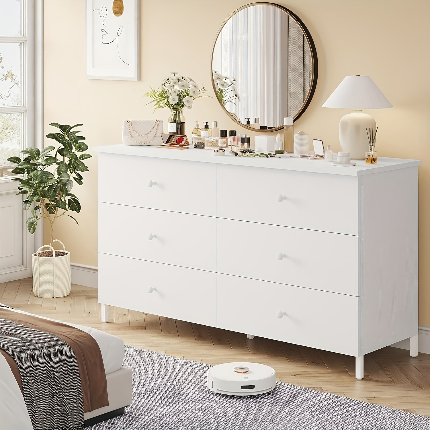 Large Dresser With 6 Drawers For Bedroom, Modern Chest Of 6 Drawers Storage Cabinets With Steel Frame, Double Dresser For Bedroom, Living Room, White