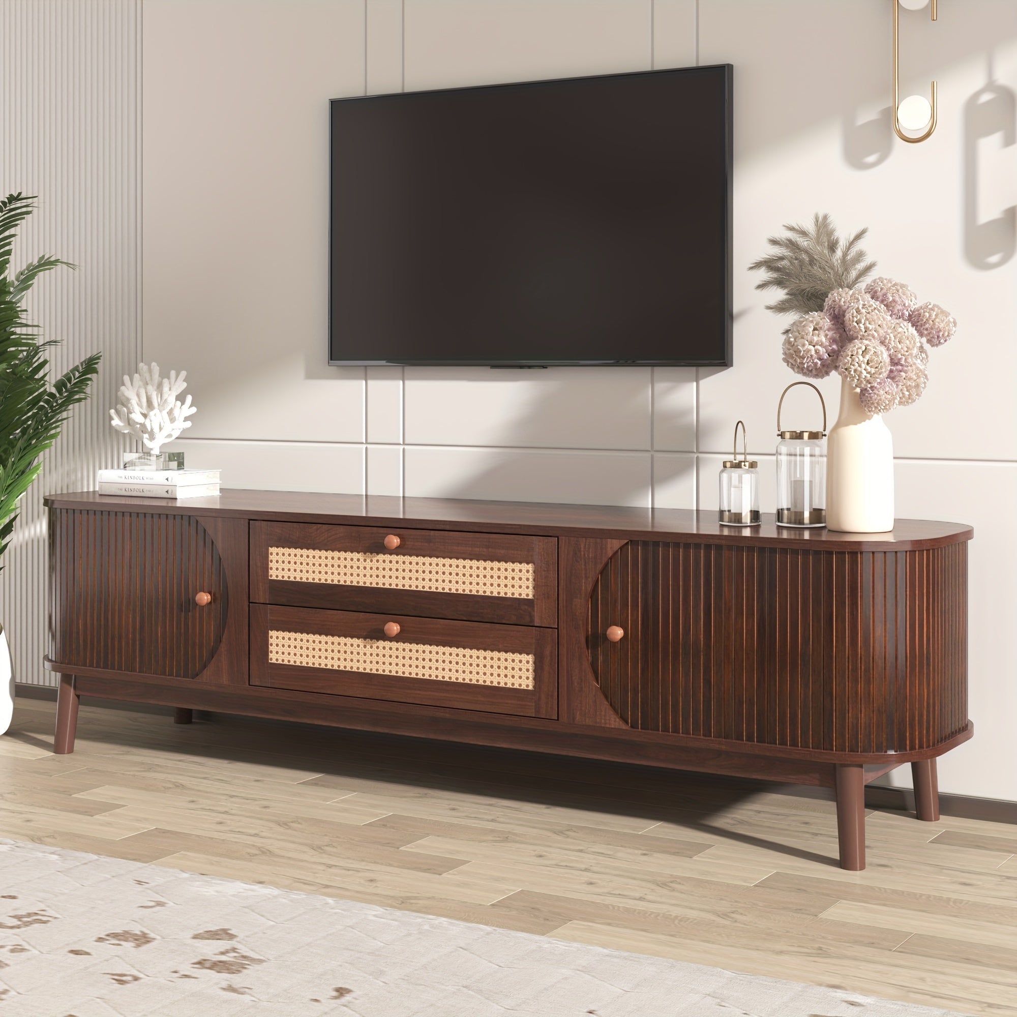 Sleek Storage, Merax Rattan TV Stand - Modern Media Console with Solid Wood Legs, Cable Management, Supports Up to 75" TVs, Easy Assembly