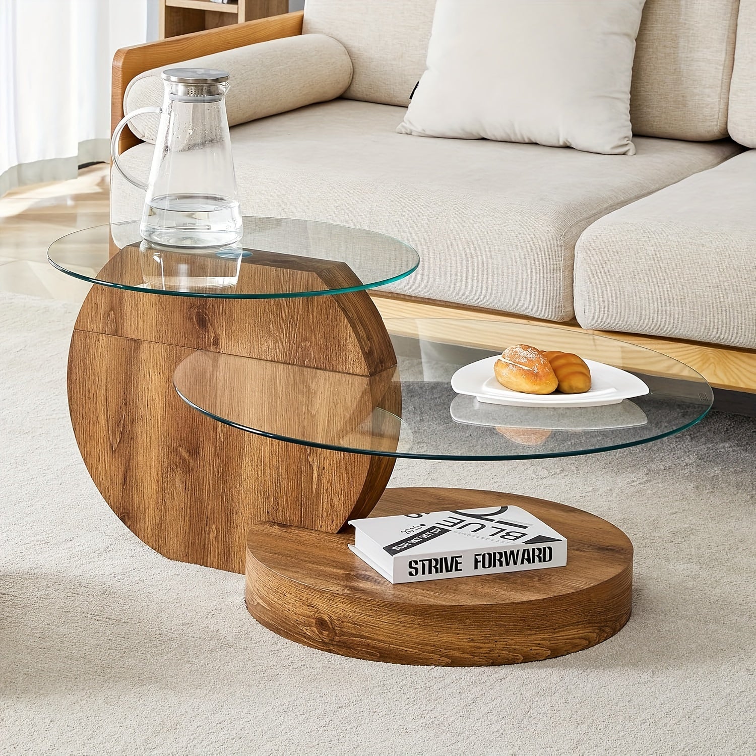 Glass Coffee Table, Modern Round Tempered Glass Coffee Tables For Living Room, 3-Tier Circle Wood Coffee Table With Storage Clear Cocktail Table For Small Space Home Office