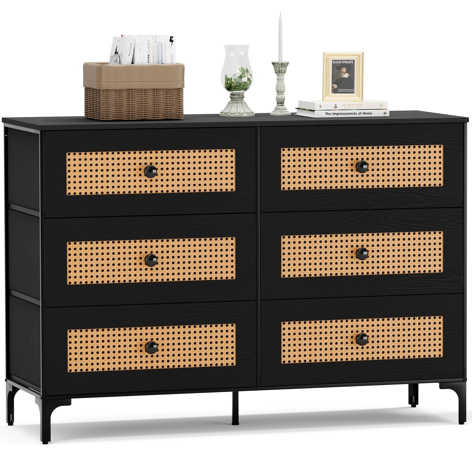 Rattan Dresser with 6 Drawers for Bedroom, Boho Dresser with Metal Frame And Wood Tabletop, Chest Storage Tower, for Nursery, Living Room, Entryway