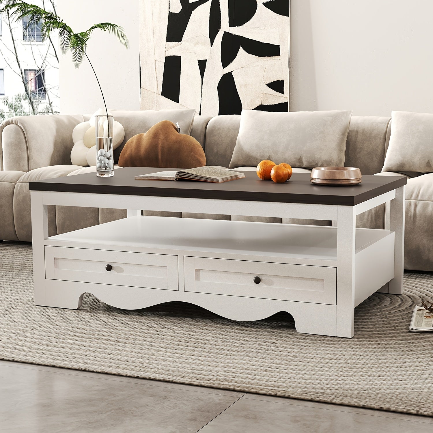 White Barn Door Coffee Table, Rustic Storage Table With Drawers, Living Room Coffee Table With Spacious Storage, White