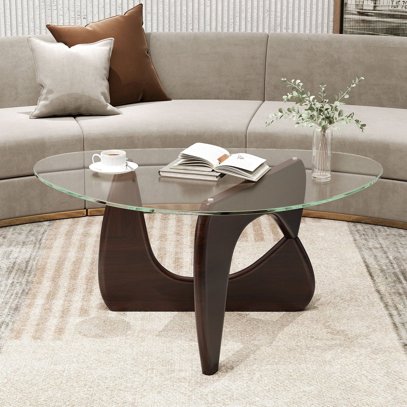 Coffee Table, Mid-Century Modern Center Table with Tempered Glass Top & Adjustable Rubber Wood Base, End Table for Living Room, Home Office & Reception Room, Natural/Walnut