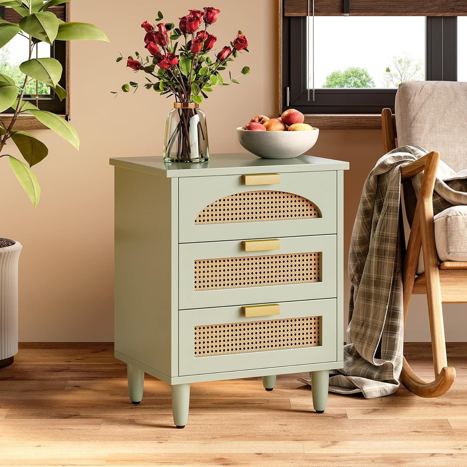 Mint Green Rattan Nightstand with 3 Drawers - Modern Wooden End Table for Living Room and Bedroom, Hardwood Storage Lockers for Organization, Bedside Table, Couch