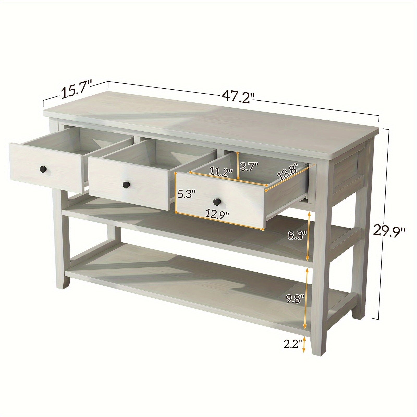 Console Table with Wood Frame and Legs, Sofa Table Entryway Table with 3 Drawers and 2 Open Shelves in Antique White (Measurements in cm)